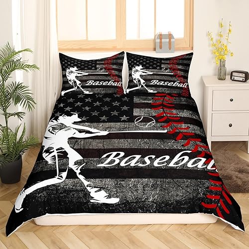 Miniatura 2 de Erosebridal Juego de ropa de cama de béisbol para niños, funda de edredón vintage con bandera estadounidense, tamaño individual para adultos, niñas,