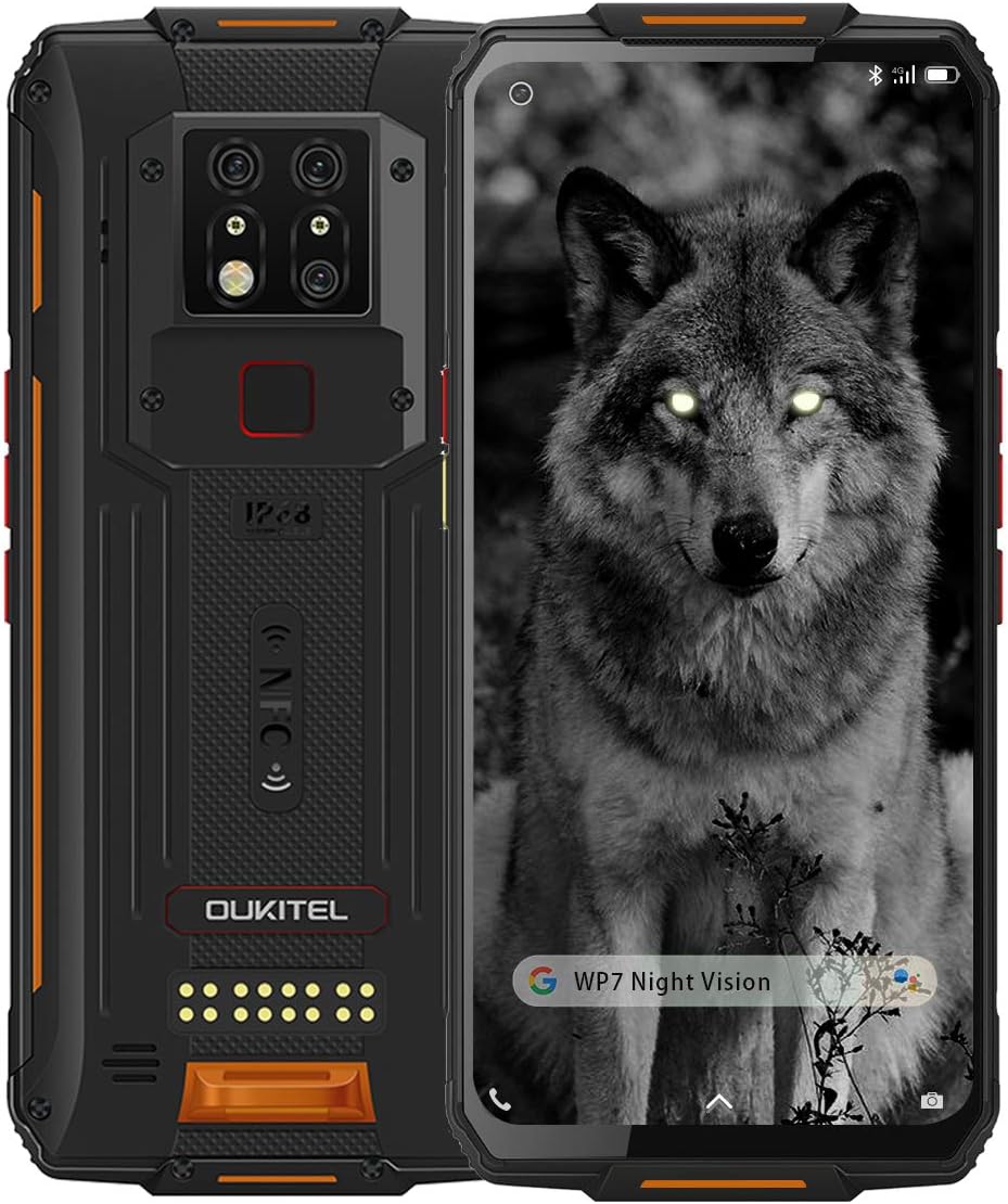 WP7 Rugged Smartphone, Night Vision Camera 8GB + 128GB Helio P90 Waterproof Unlocked Android Cell Phone 6.53 inches FHD+ Global 4G LTE Dual SIM, IP68/IP69K Triple Cameras NFC AI Cellphone (Orange2020)