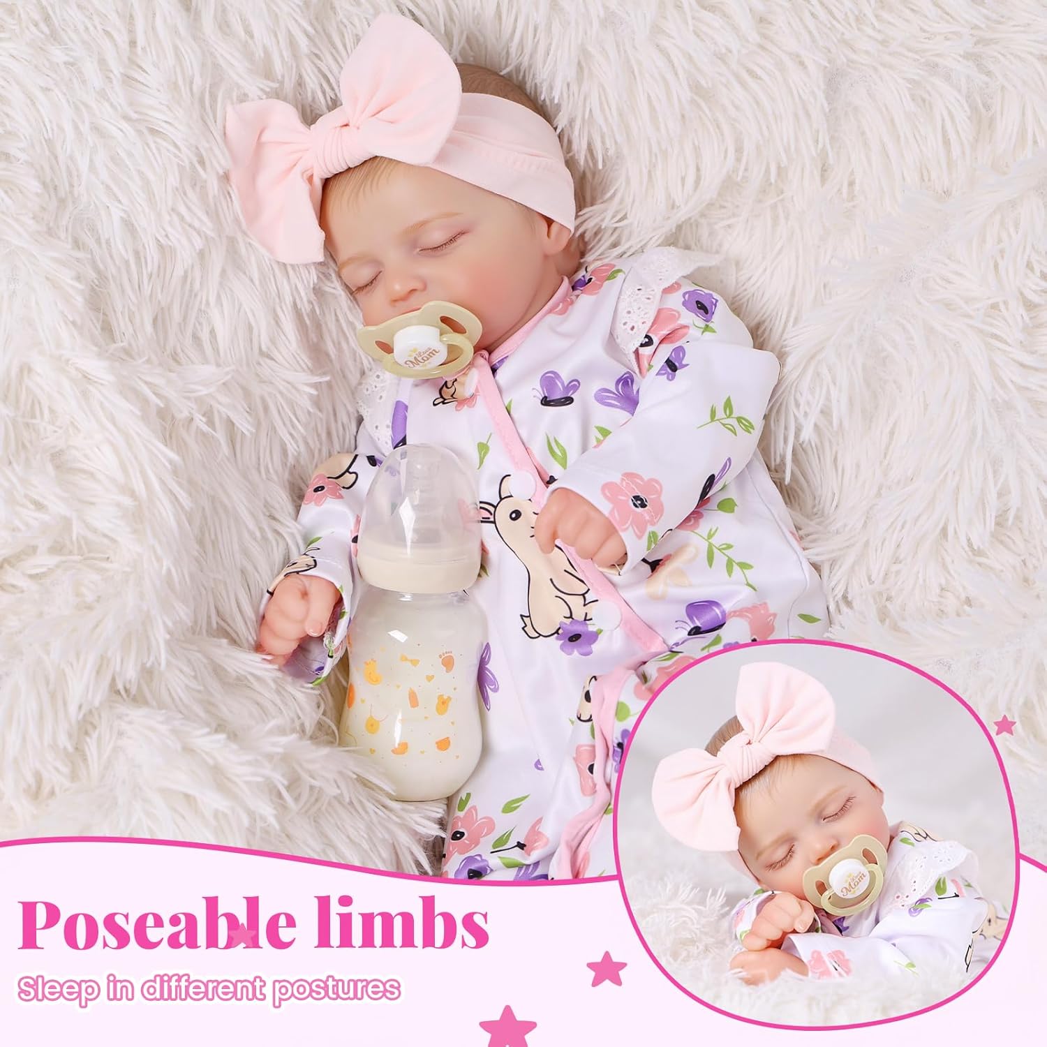 BABESIDE 20 Inch Reborn Baby Doll with Bassinet Basket, Lifelike Soft Body Newborn Girl Doll, Vinyl Head & Cloth Body, Feeding Kit & Gift Box, for Kids Age 3+
