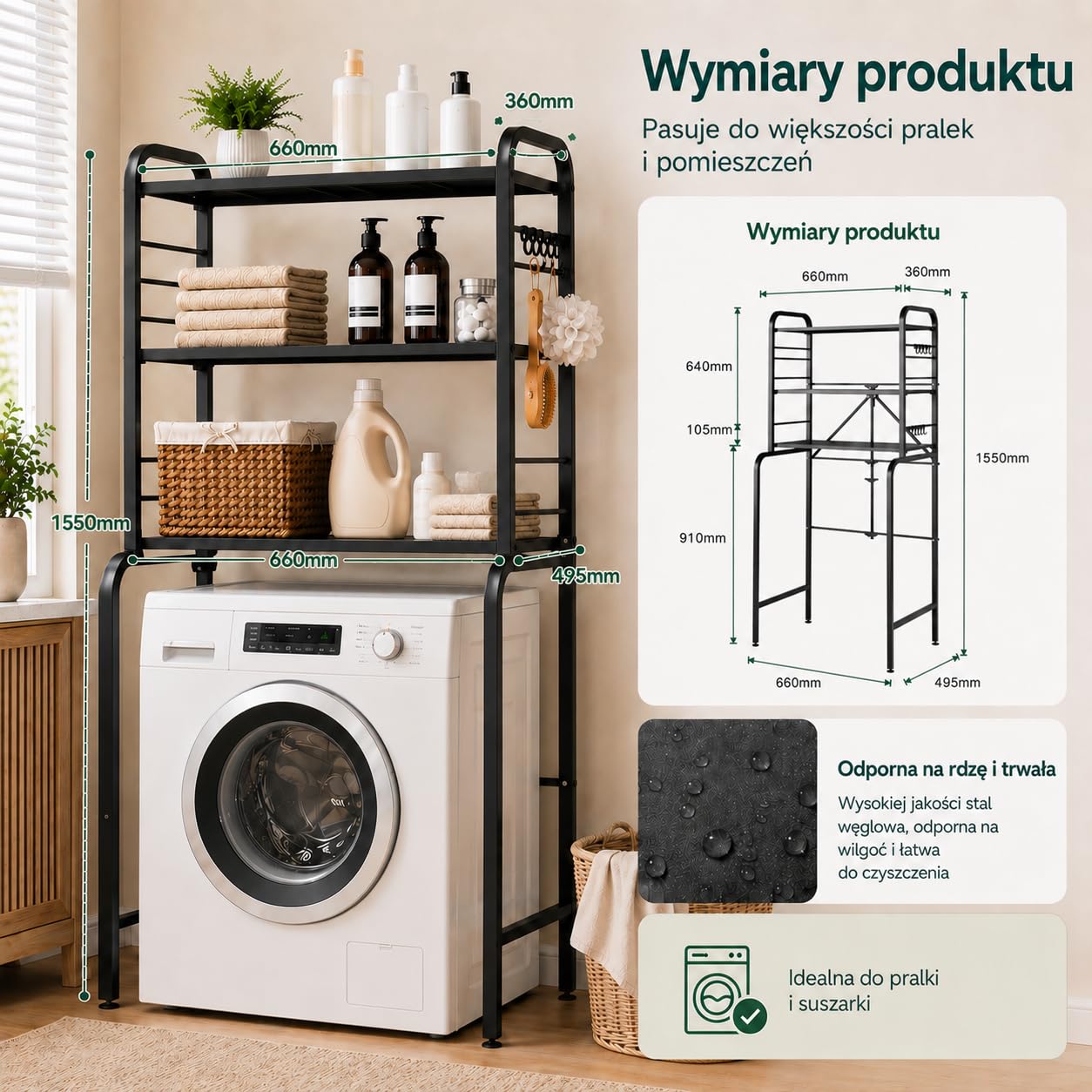 Regał nad Pralkę Metalowy 3 Poziomy, Szafka Regał nad Pralkę z 8 Haczykami, Regulowana Wysokość, Stabilny Organizer do Łazienki WC Pralni, 66x155x49 cm