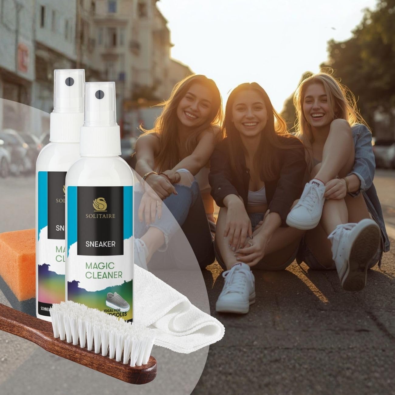 SOLITAIRE Magic Cleaner Reinigungs Set, 2x Magic Cleaner 100 ml + GRATIS Microfasertuch, Sneaker Bürste und Schwamm, Sneaker Starter Set, Schuhputzset, Made in Germany