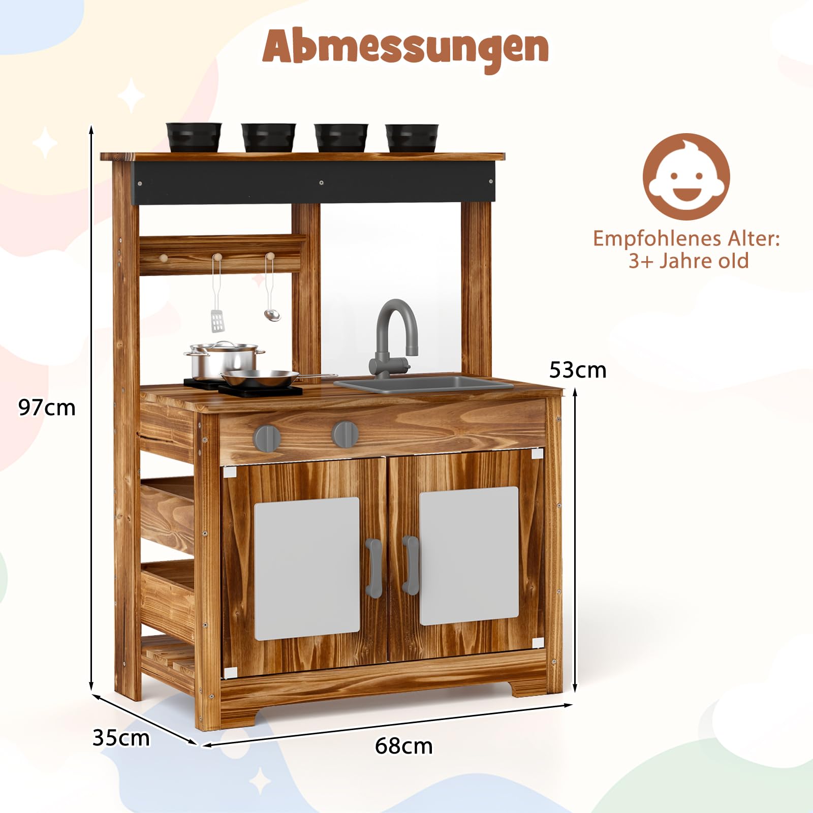 DREAMADE Matschküche Kinder Outdoor, Spielküche aus Tannenholz mit Waschbecken, Wasserhahn, 2 Herden, 2 Kochtöpfen, 4 Pflanztöpfen & Acryltafel, Outdoor-Holzküche für Kinder ab 3 Jahren
