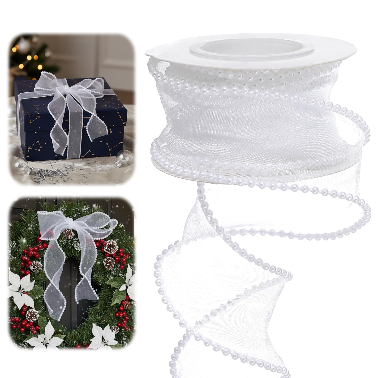 Pearl Edge Organza Chiffon Ribbon, Sheer Organza Ribbons Rolls with Faux Pearl Edge for Valentine's Day Wedding Crafts Gift Wrapping (White)
