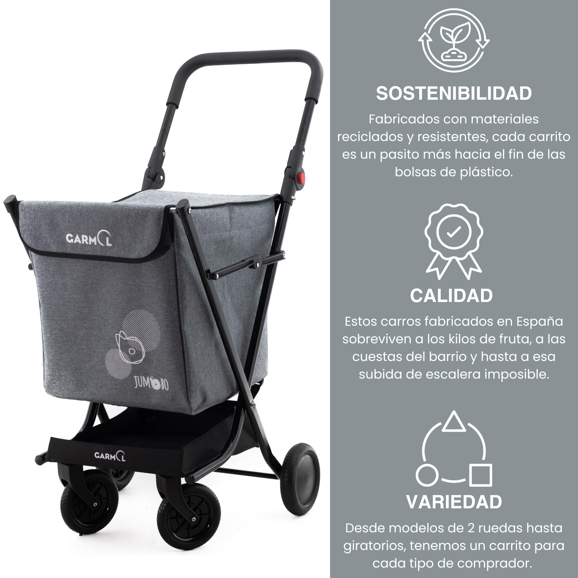 GARMOL Carro de la Compra Plegable 66 litros | Carro de la Compra 4 Ruedas Gran Capacidad | Carrito Compra 4 Ruedas Plegable Color Gris