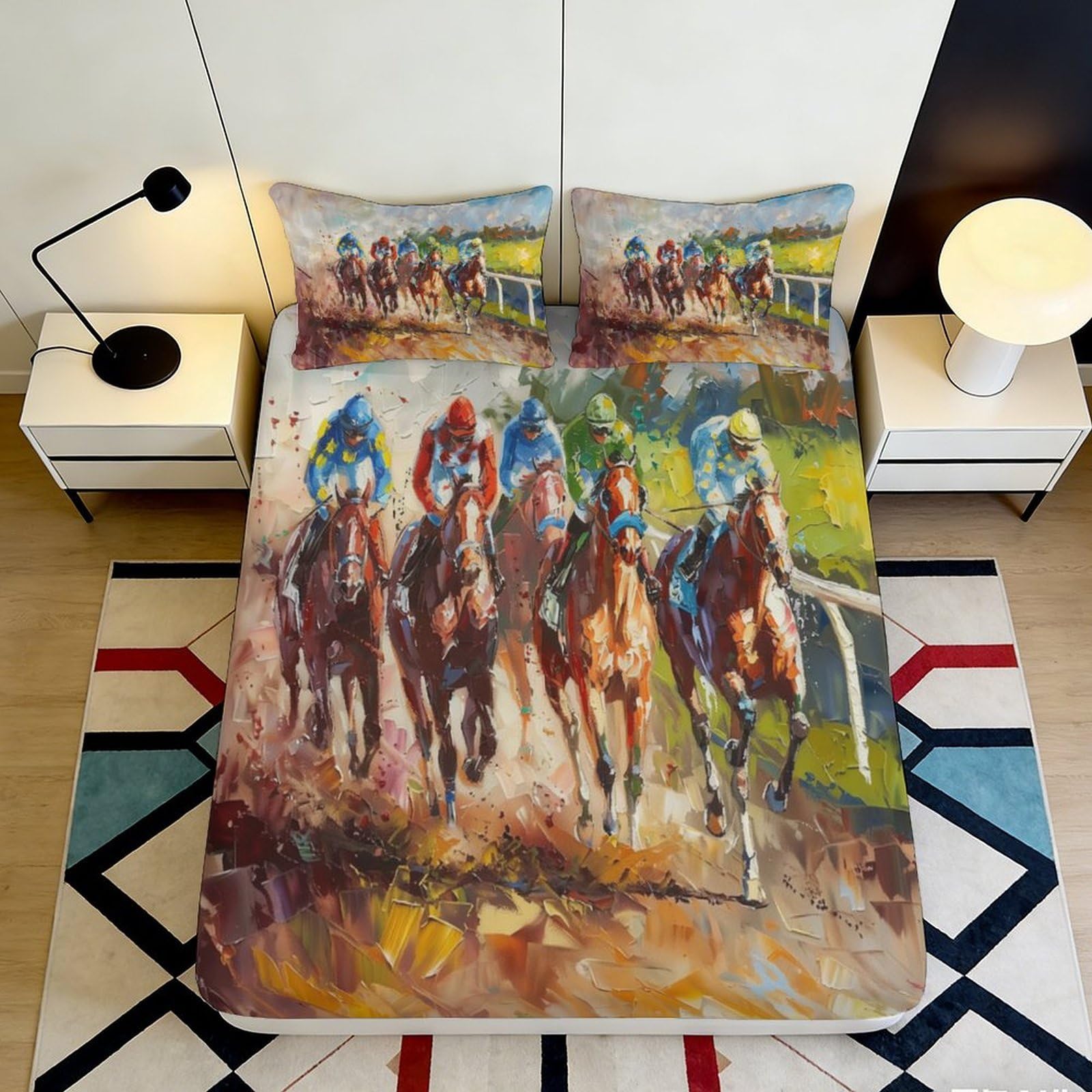 3D Printed Horse Racing Art Fitted Sheet Microfiber Soft Breathable Colorful Jockey Mattress Cover for Bedroom Decor 90x200x25cm