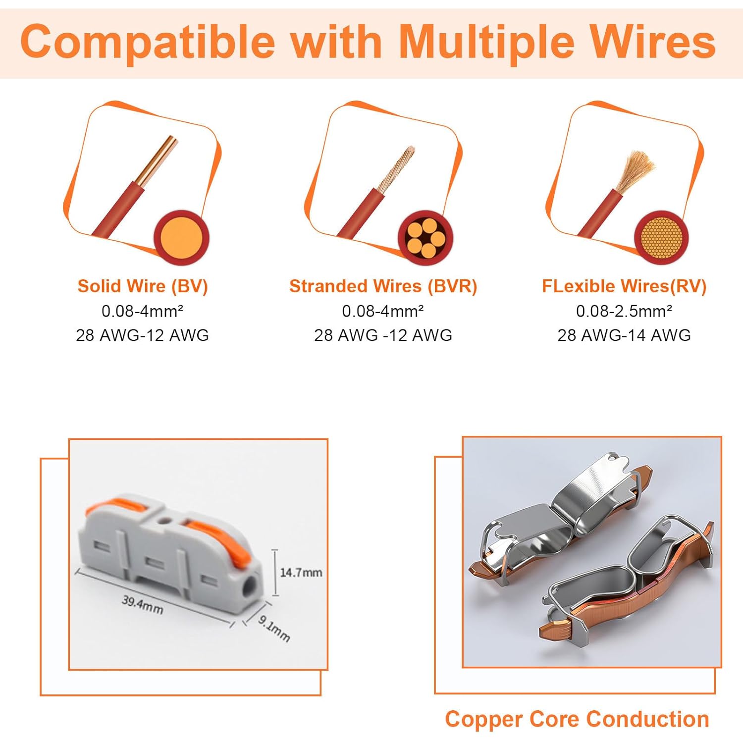 Nineleaf Lever Wire Connectors, 180PCS Quick Connect Inline Wire Splicing Kit, 1 in 1 Out Compact Electrical Terminals for 28–12 AWG Solid & Stranded Wire, Reusable Orange Connectors