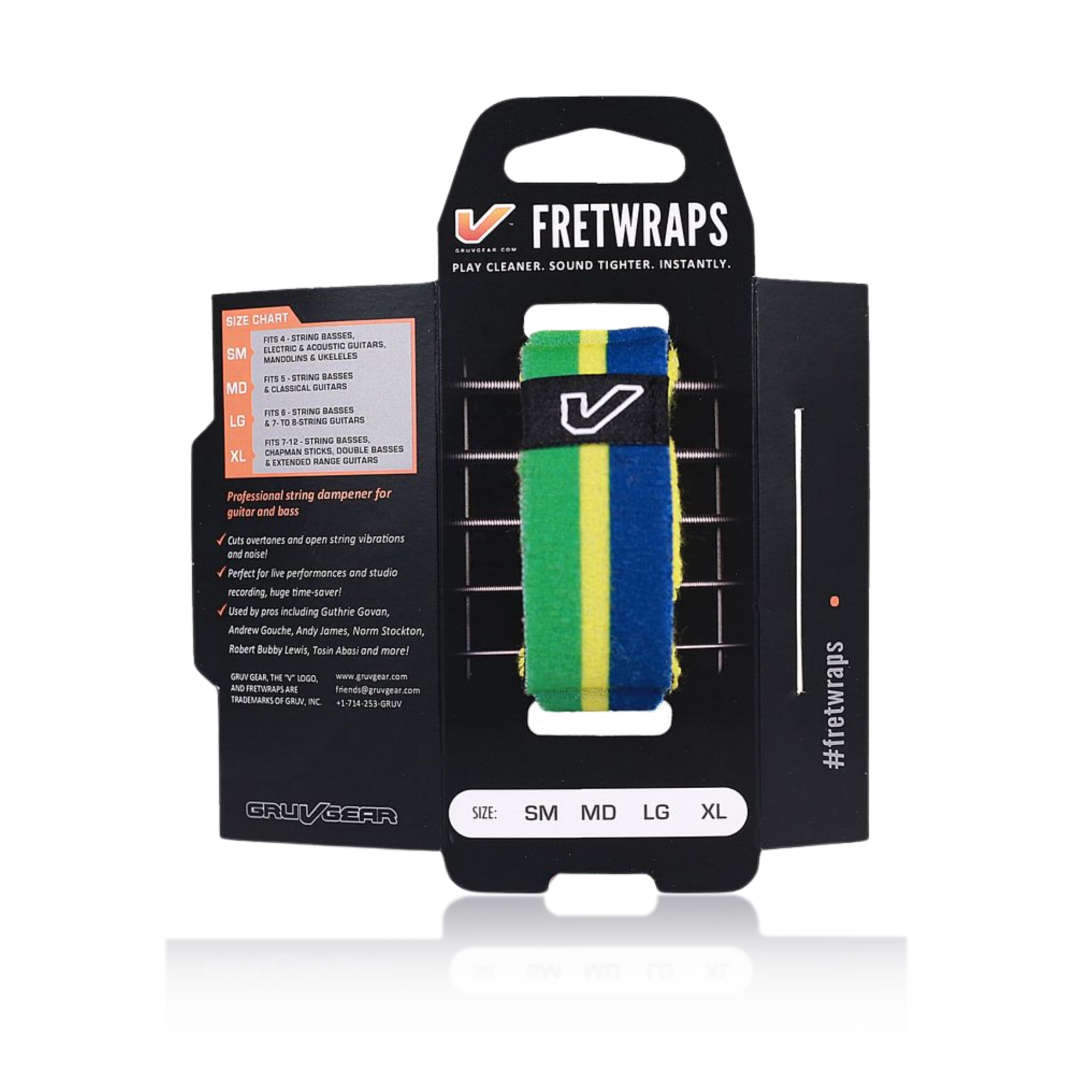Gruv Gear Fret Wrap &amp; Guitar Mute, Fretwrap for Acoustic, Electric &amp; Bass | String Dampener Recording, Tapping &amp; Practice Accessory (1 Pack, Small Green/Yellow/Blue, Fits 4 String Bass, 6 String