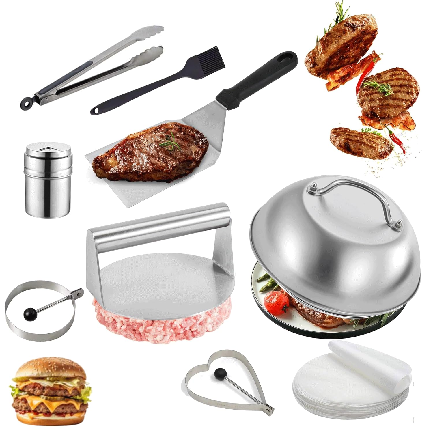 9Pcs Burger Press Kit with Smash Burger Press, Griddle Spatula, Burger Cloche, Egg Rings, Tongs, Brush, Shaker & 50 Wax Discs