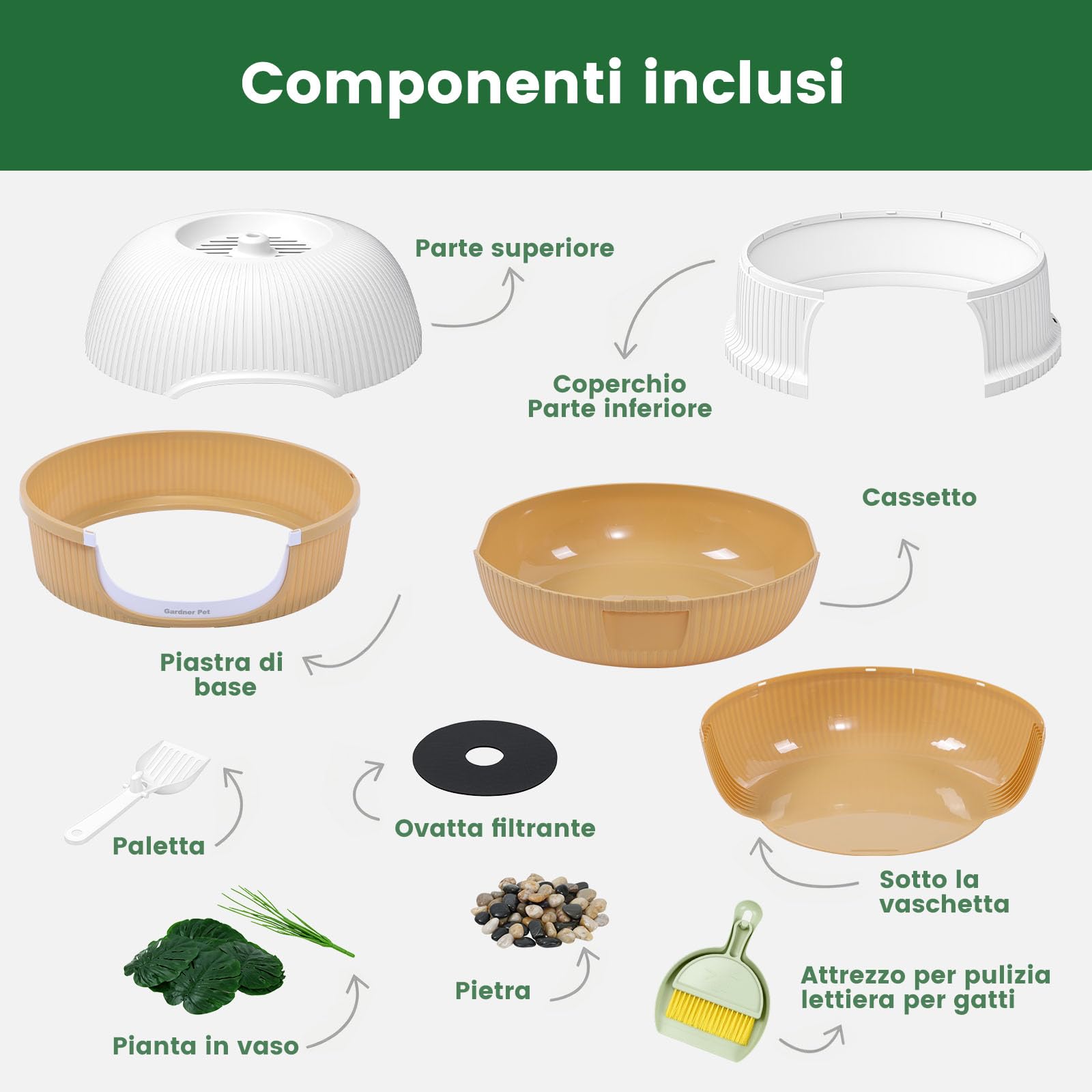 Gardner Pet Lettiera per Gatti Nascosta, Marrone Chiaro, 49X49X50Cm | Con Pianta Artificiale, Ciottoli e Pala Inclusi, Stile Vaso con Cassetto, Filtro a Carbone, Design Impermeabile