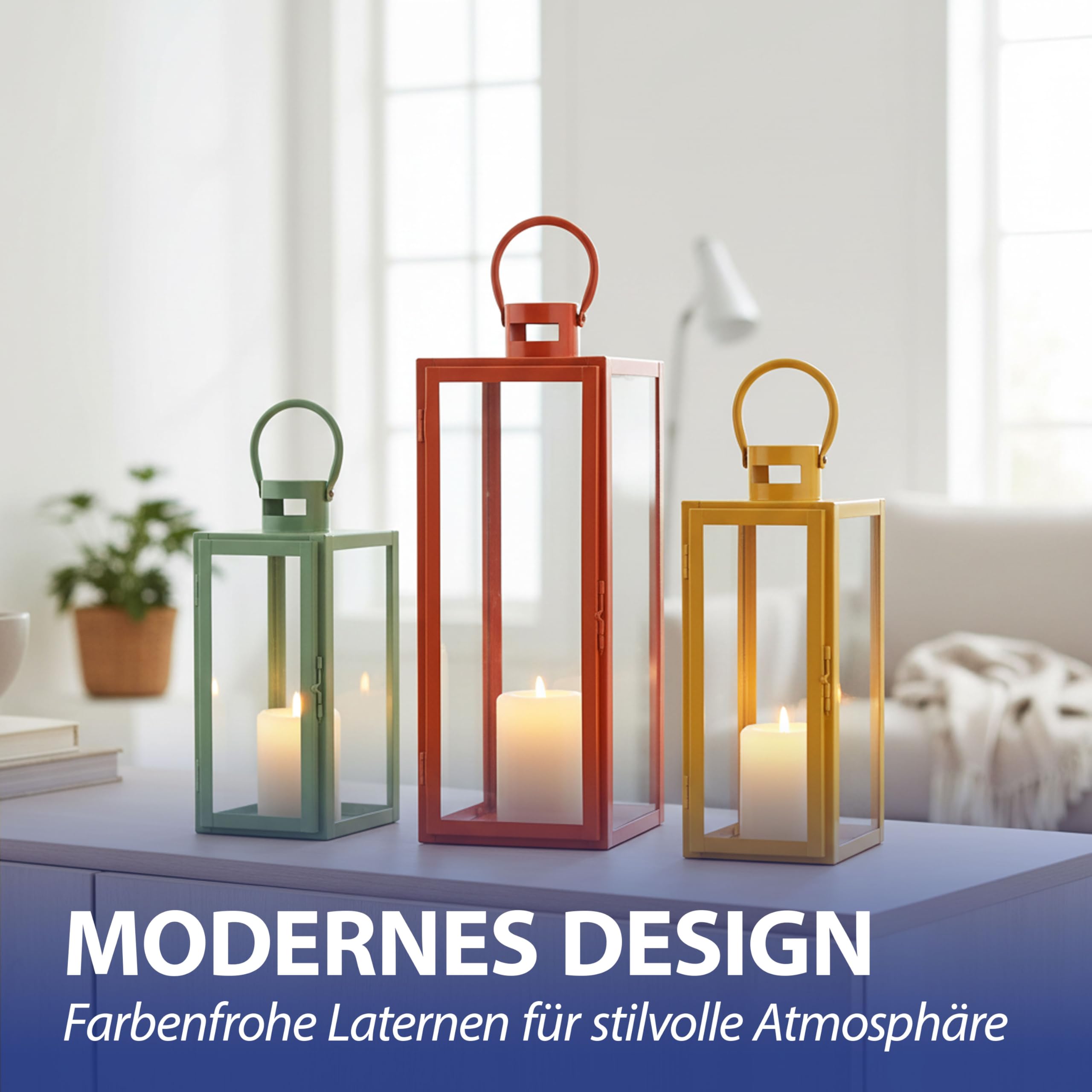Laterne 3er Set | grün orange gelb 3 Größen Metall Glas | Windlicht mit Henkel für Kerzen oder LED Gartenlaterne | Kerzenhalter