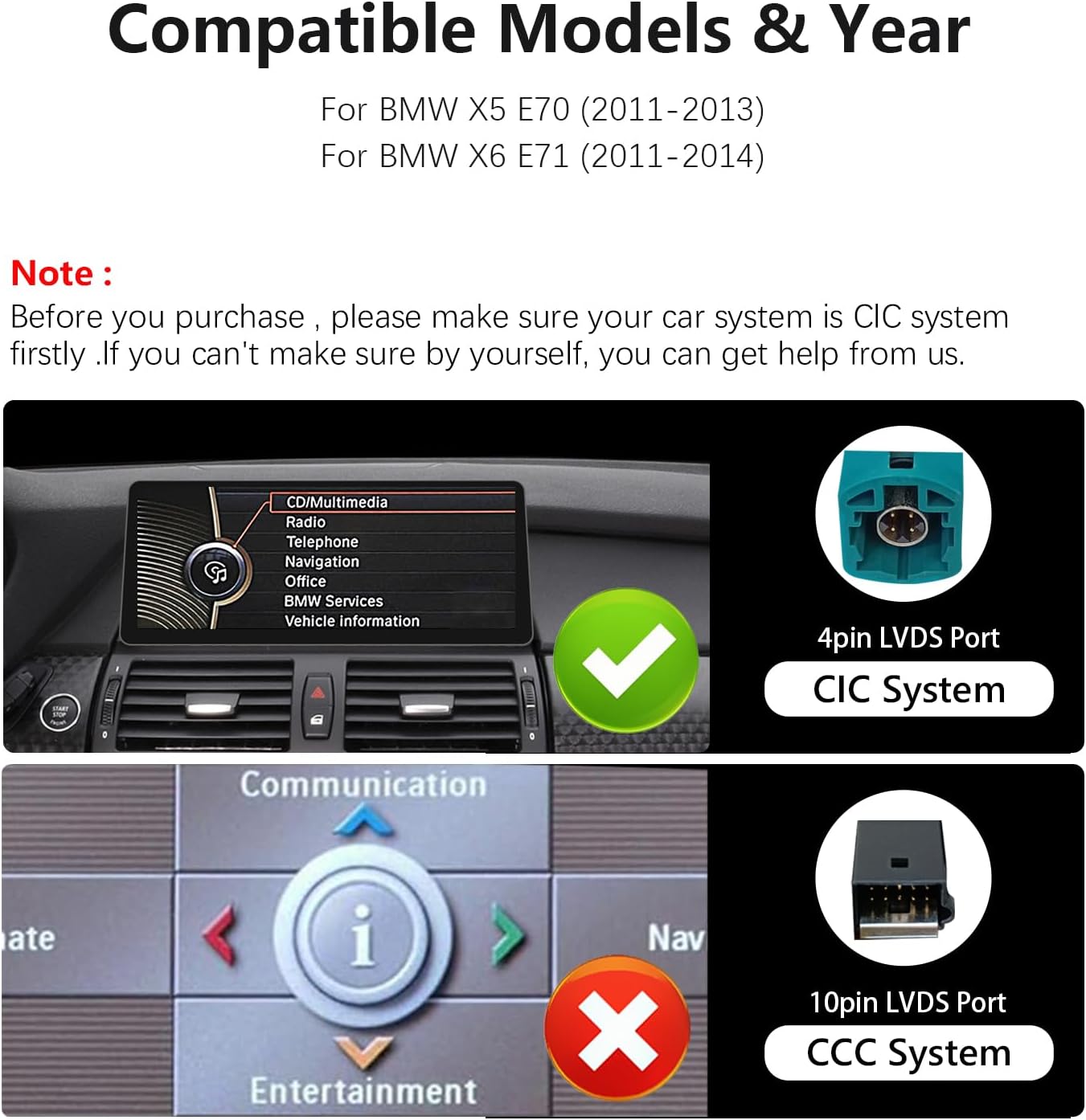 Ultra Narrow 12.3-inch Car Stereo for BMW X5 E70 X6 E71CIC Carplay Multimedia Player Android Auto Radio Upgrade Touch Screen Head Unit 2011-2013 with Raverse Camera