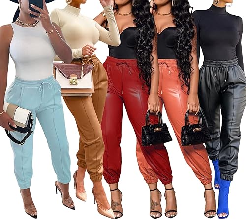 Miniatura 7 de Voghtic Pantalones de cuero para mujer, de cintura alta, con cordón sintético, con bolsillos