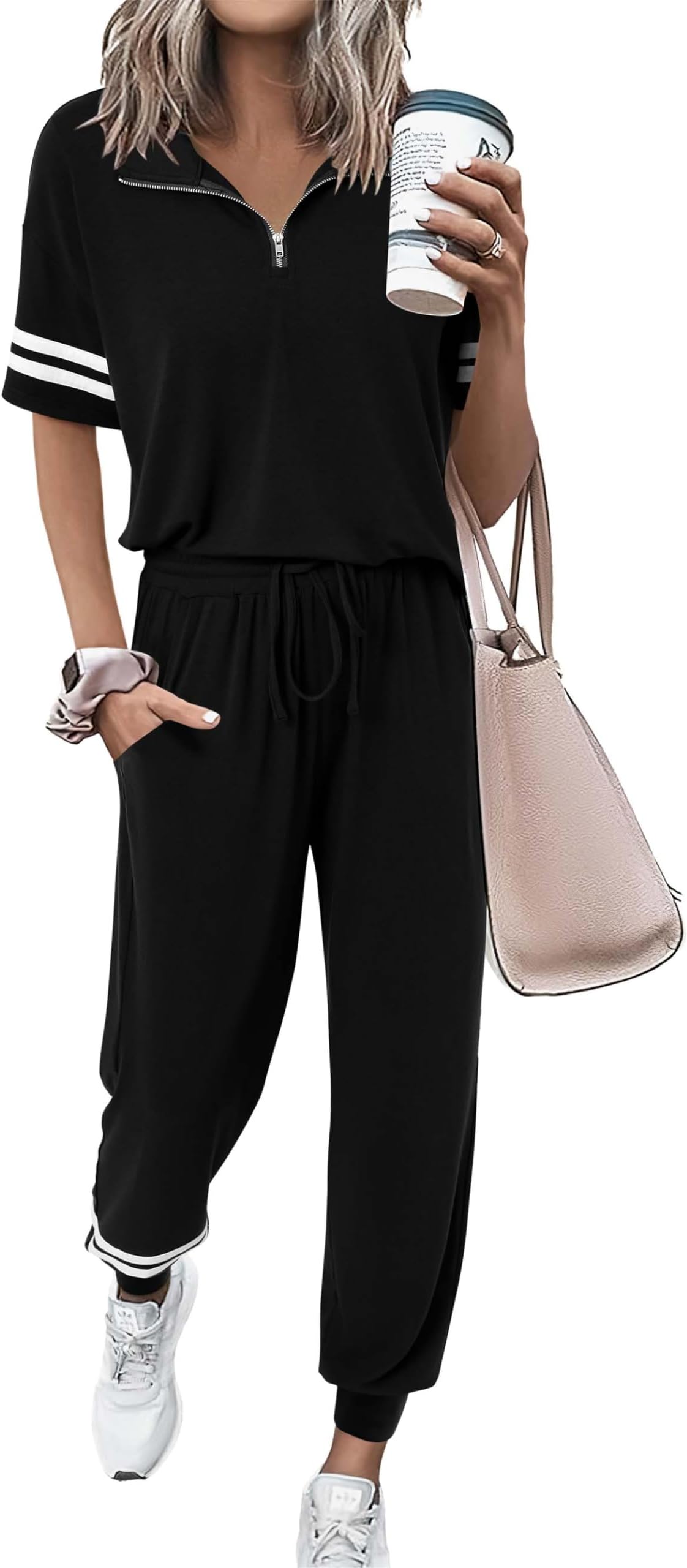 2 Piece Outfits for Women 2026 Summer Casual Quarter Zip Short Sleeve Tops Long Pants Tracksuit Jogger Lounge Sets