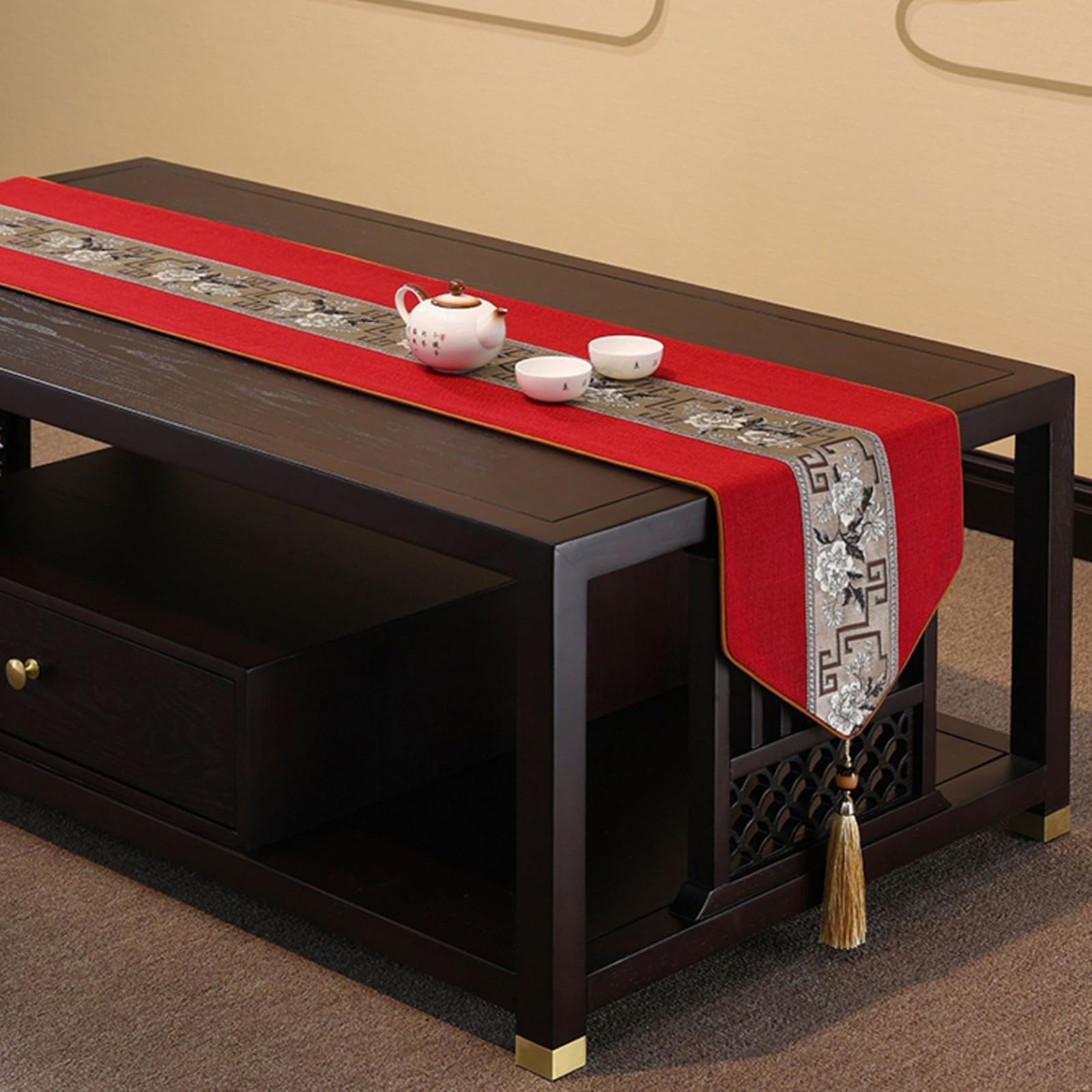 Rot Kaffee Tischläufer Baumwolle Leinen, Moderne Tischläufer Abwaschbar Mittlerer Gestreift Gestickt Blumen Muster mit Quasten Tischdecke für Esszimmer Dekor, 33x180 cm, Rot Kaffee