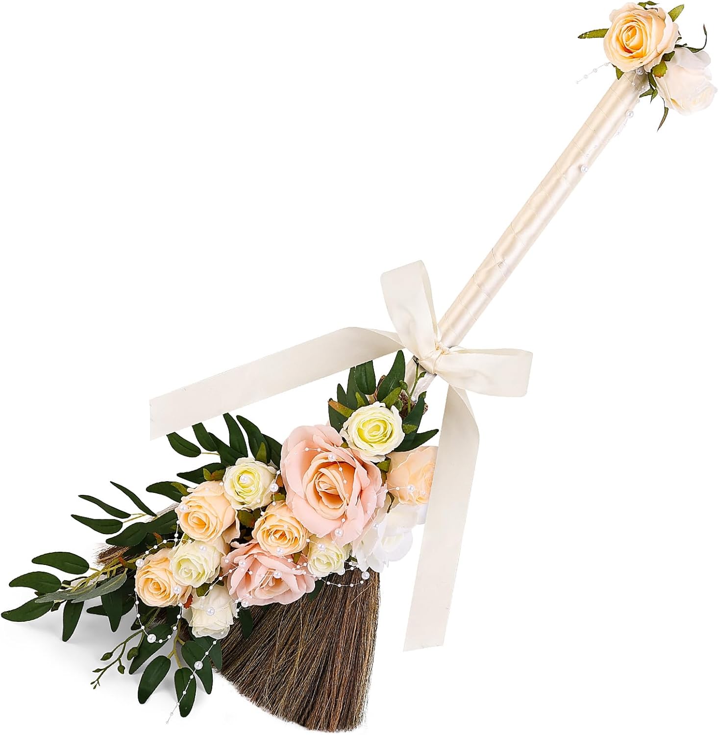 Wedding Broom DIY Jumping Broom for Wedding Ceremony 28 inch Tall Whisk with Artificial Roses/Green Leaves/Ribbons/Pearl