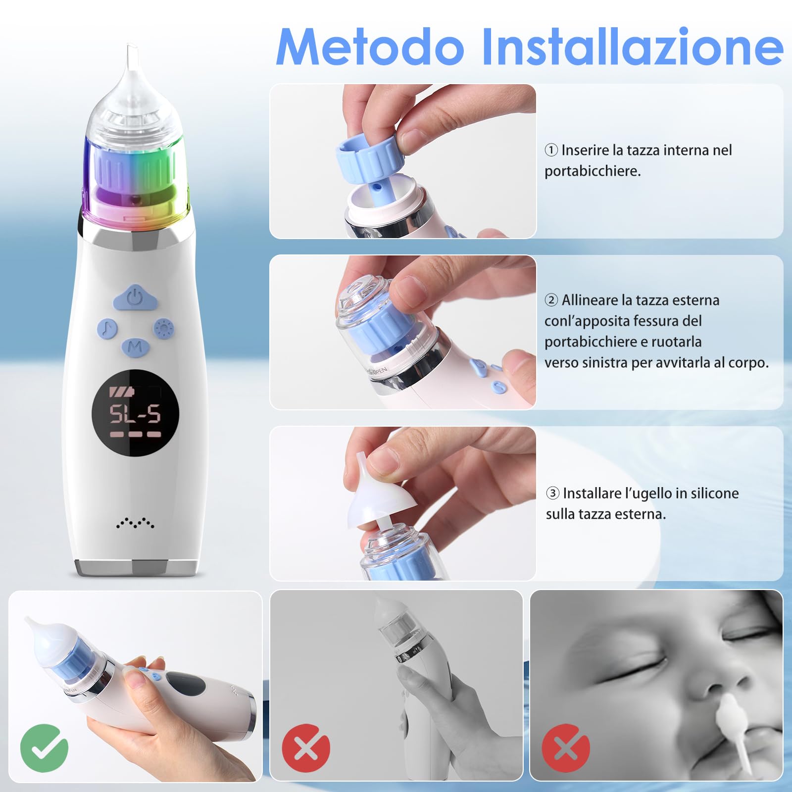 Journeyside Aspiratore Nasale Elettrico per Neonato e Bambini con 3 Punte in Silicone Morbido, 5 Livelli di Aspirazione Regolabili, Musica e Luci LED, Pulizia Nasale Sicura e Delicata