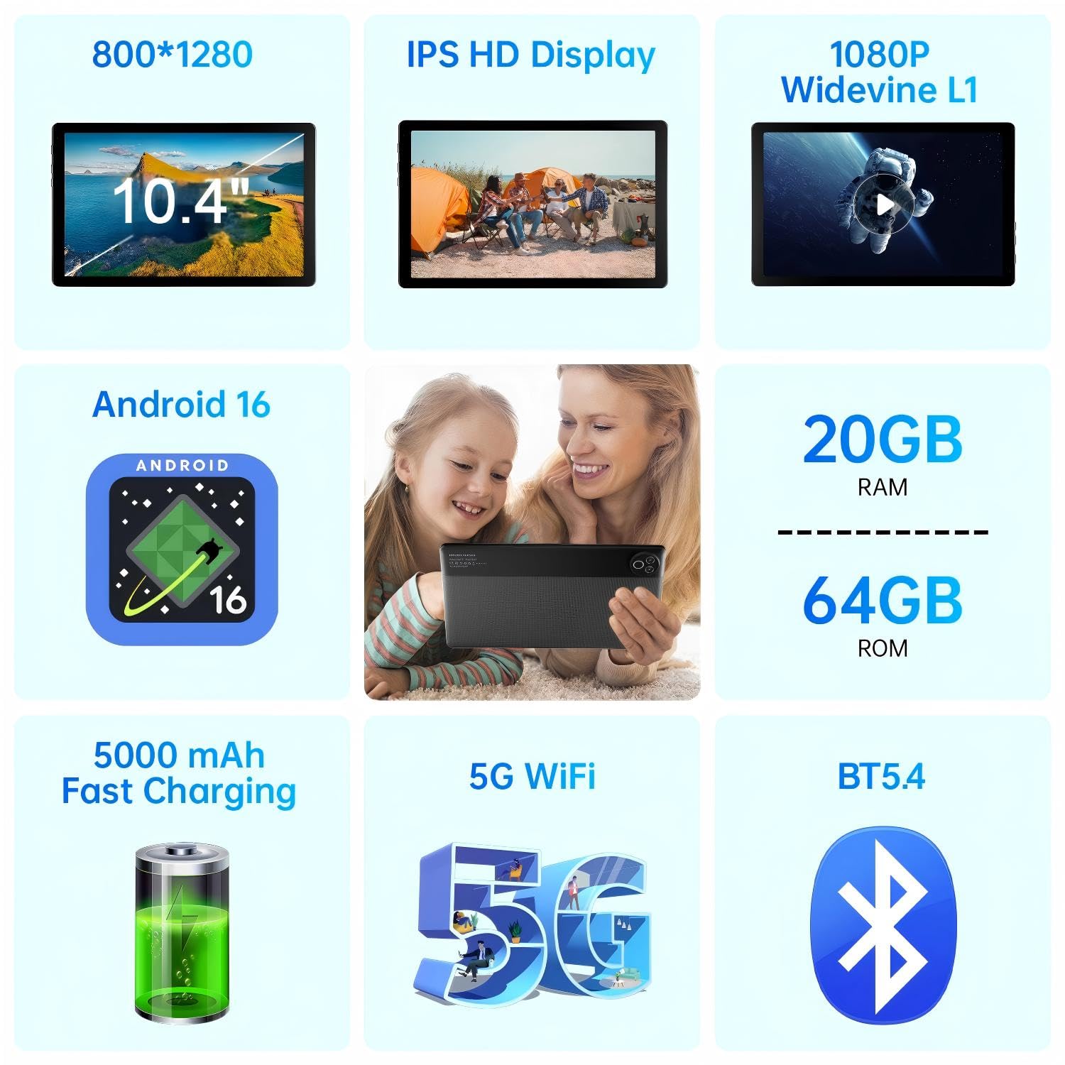MUISOO Android 16 Tablet, 10.4 inch Tablet, 20GB RAM 64GB ROM(1TB TF Expand), 5MP+8MP Camera, WiFi 6, BT5.4, 1280 * 800 IPS, 5000mAh, Dual Speakers Pad PC Tablets, Black — view 4