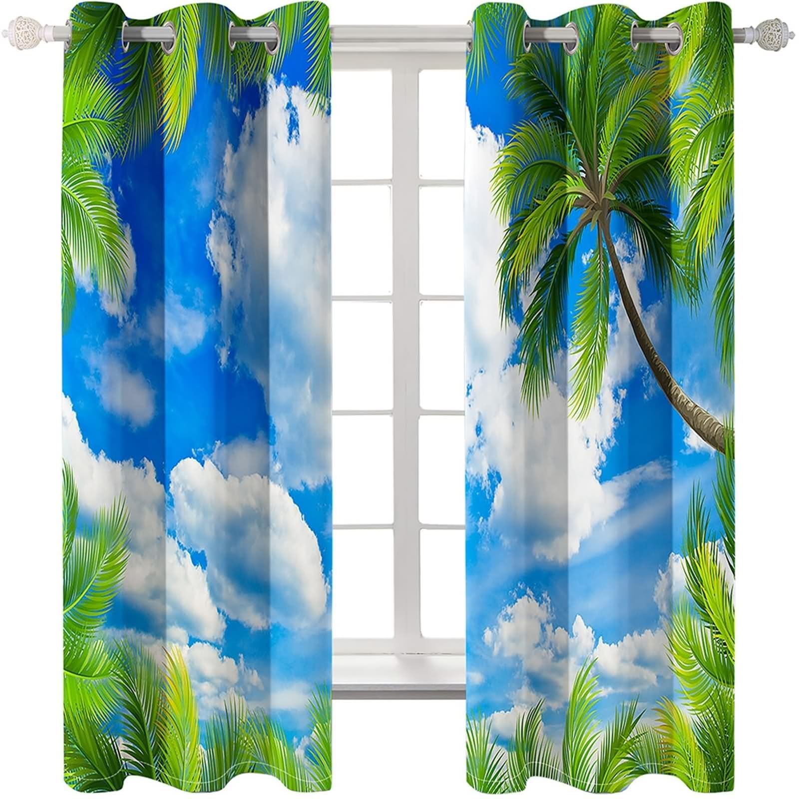 Kit de cortina de salón, cortina de salón, pequeña ventana, azul, verde, paisaje de palmeras y cielos y nubes, poliéster, juego de 2 468 x 214 cm