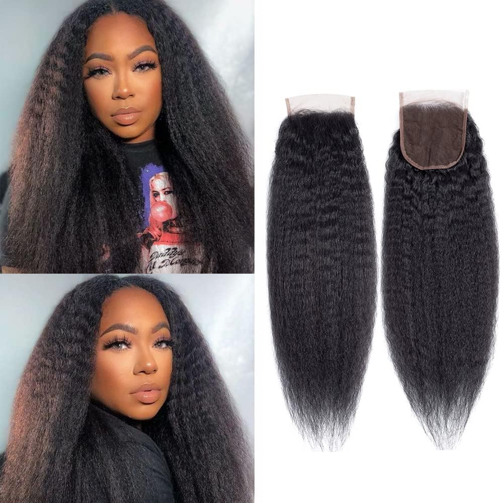 Datanala Kinky Straight Human Hair 4x4 Lace Closure 12A Grade 16Inch Brazilian Virgin Yaki Straight Human Hair Transparent Lace closure Free Part Natural Black Color