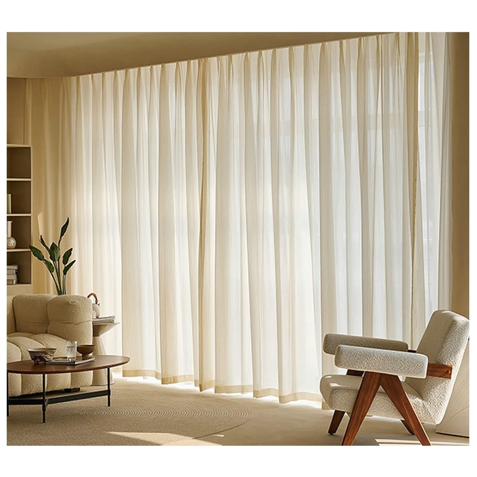 Halbtransparente Gardinen Vorhänge 96 x 115, Vorhang Wohnzimmer Modern 2er Set Haken Einfarbig Gold, Polyester