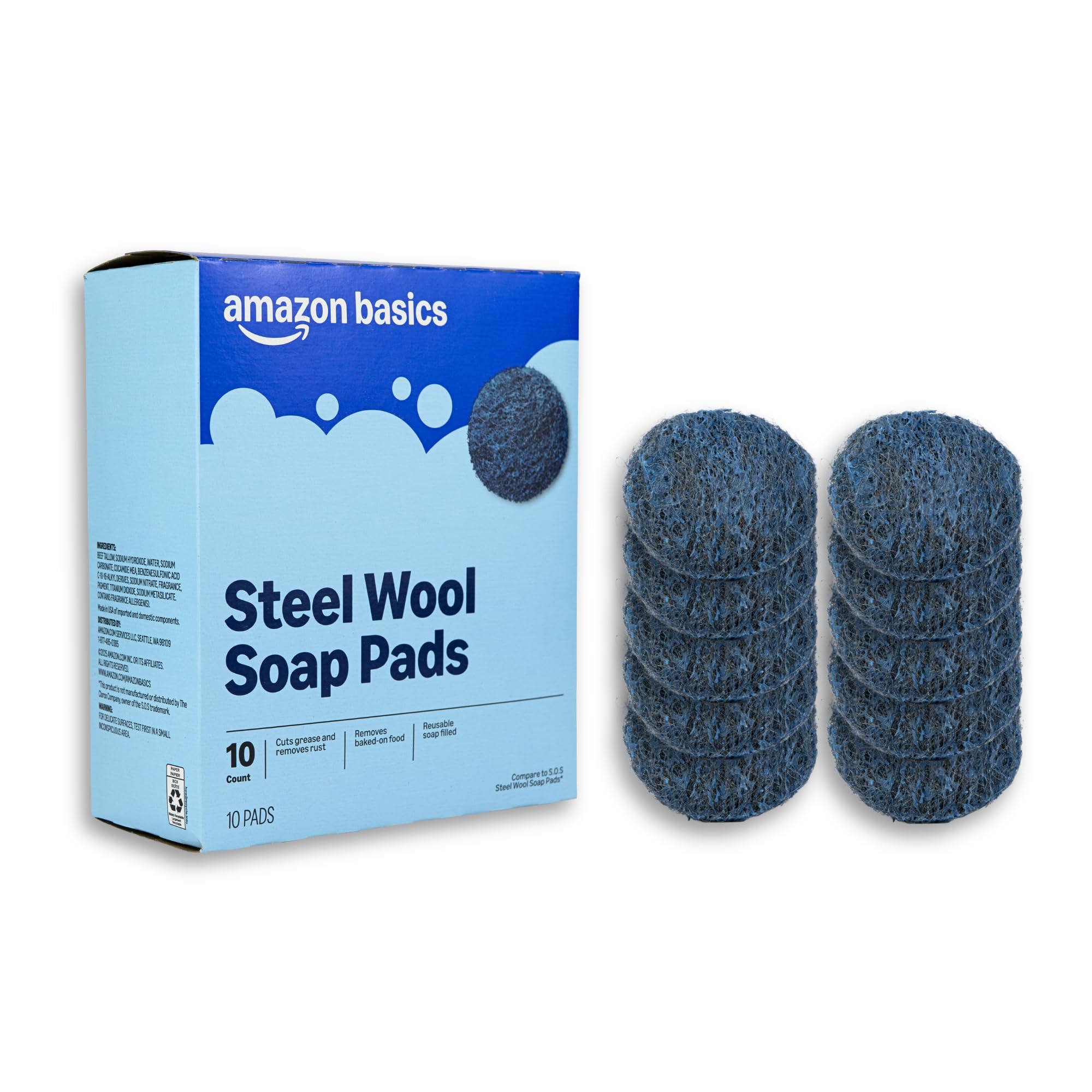 Amazon Basics Steel Wool Soap Pads, Reusable, Cuts Grease and Removes Rust, 10 Count, Pack of 1