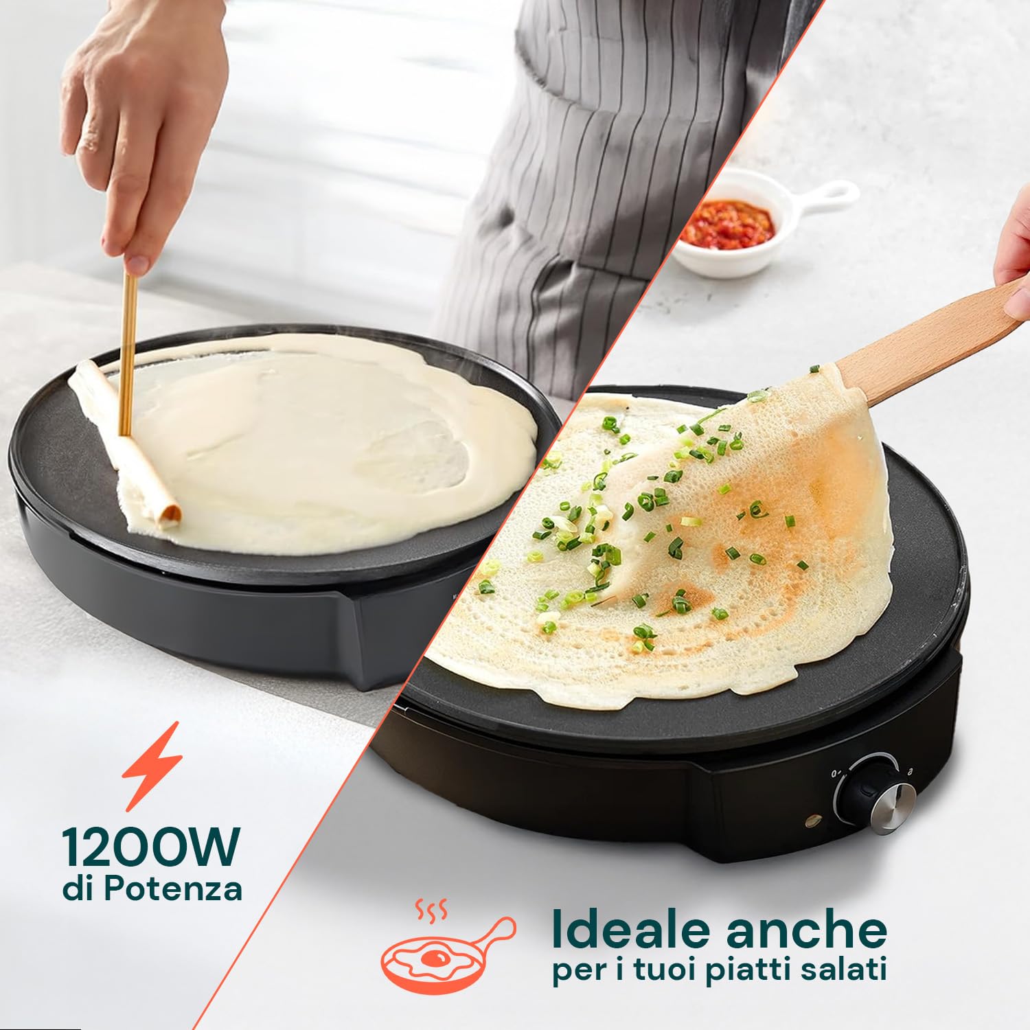 Avilia - Elektrische Crêpes-Pfanne 1200 W mit Antihaftbeschichtung, inklusive Holzspatel, schnelles Kochen, perfekt für süße oder herzhafte Crêpes, ideal für den Hausgebrauch und kreative Snacks