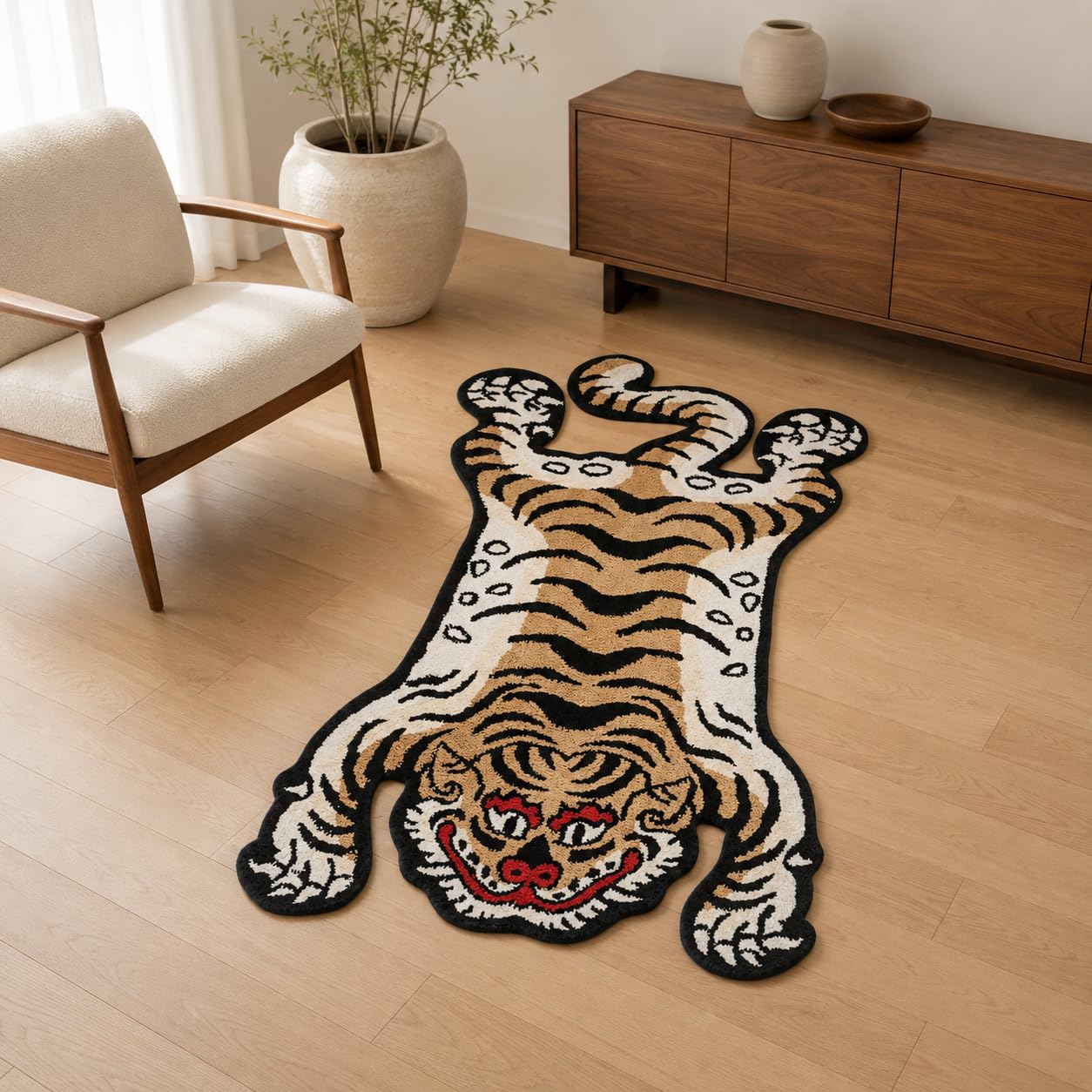 Tapis tufté doux et amusant pour chambre à coucher, motif tigre tibétain, 1,5 x 0,9 m, lavable avec envers antidérapant en caoutchouc thermoplastique, décoration d'intérieur (jaune)