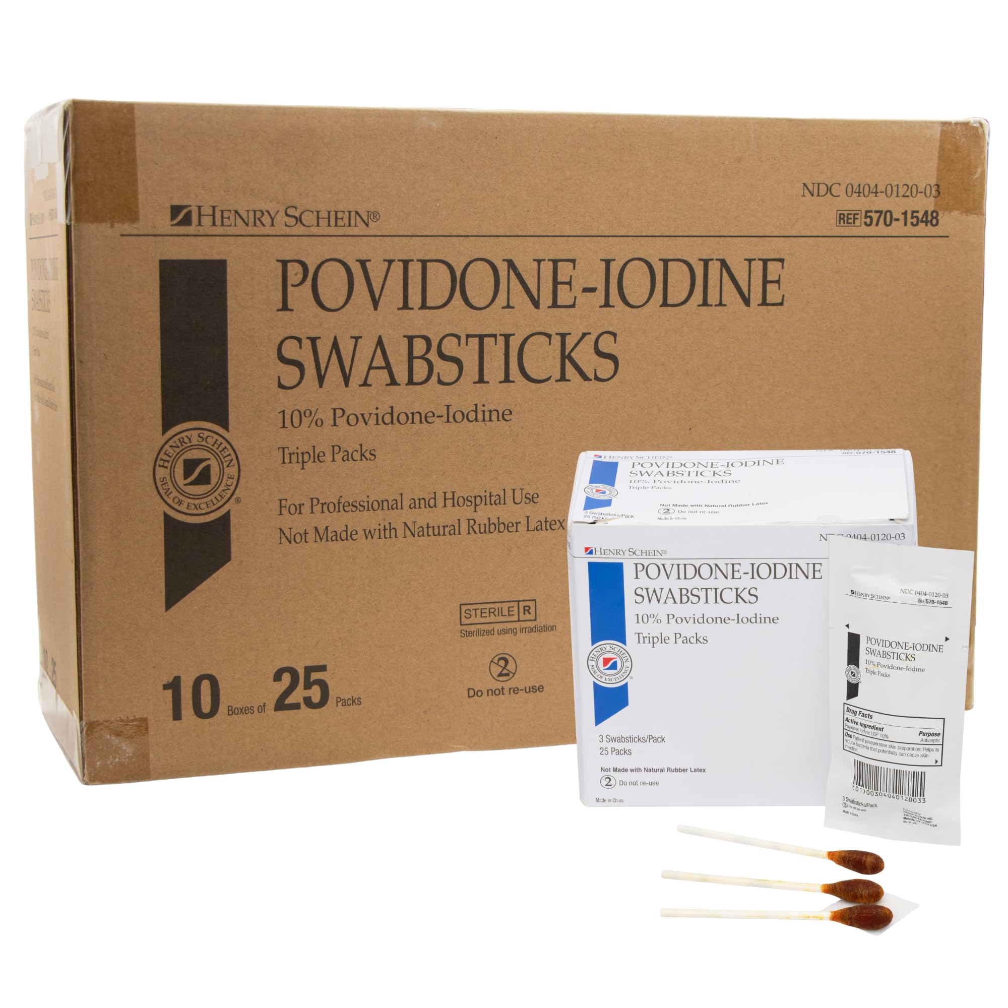 Henry Schein 10% Povidone Iodine Swabstick 3's, Sterile Antiseptic, 250 Ct