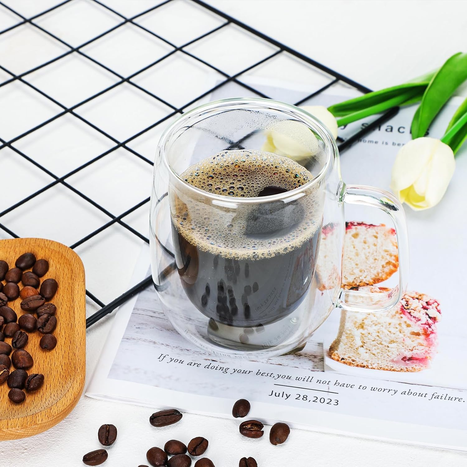 Baker Home Borosilikat 2 Adet Çift Cidarlı Kupa Bardak, 250 Ml Kulplu Cam Çay Kahve Süt Kupa Borosilikat Bardak