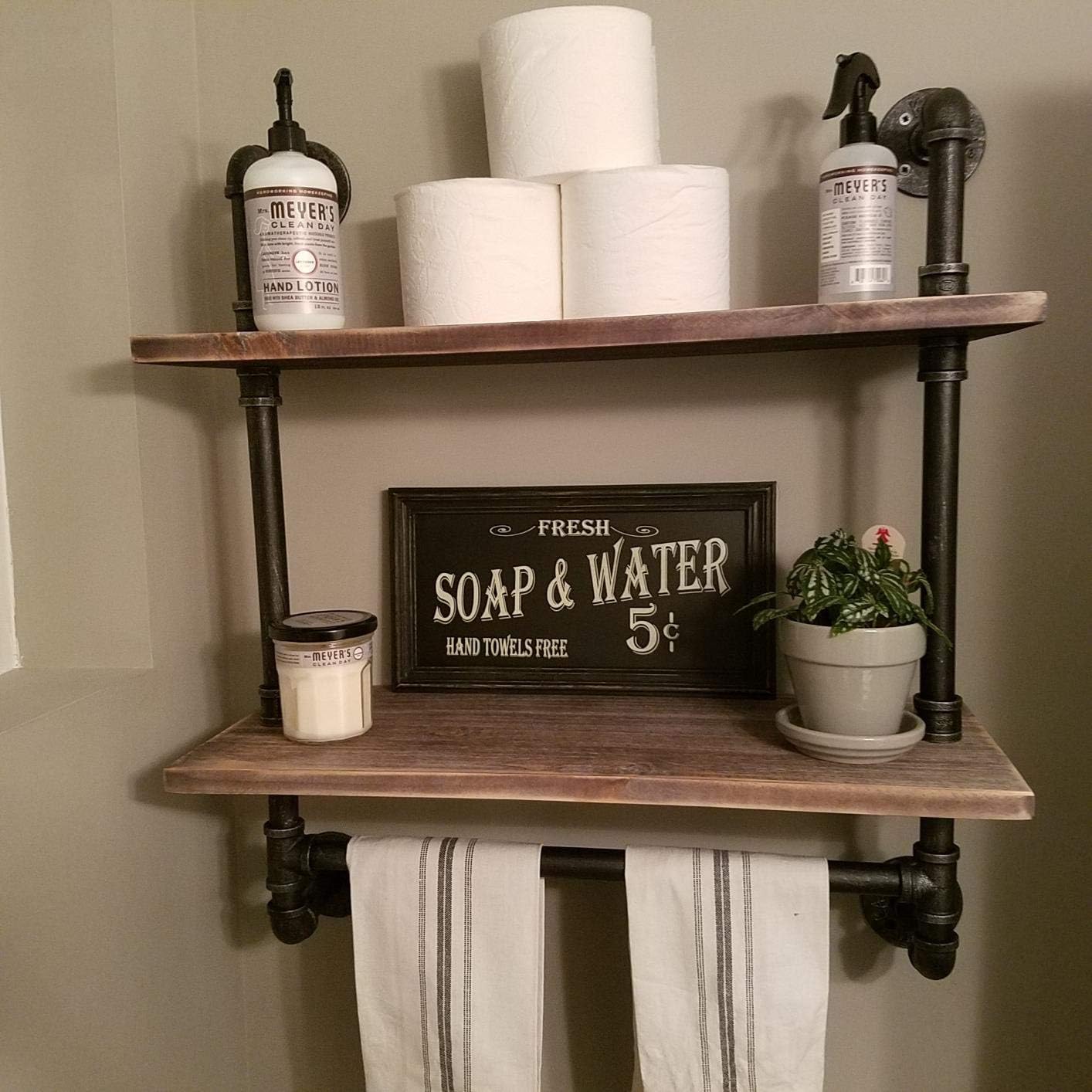 Industrial Pipe Shelf,Rustic Wall Shelf with Towel Bar,24" Towel Racks for Bathroom,2-Layer Pipe Shelves Wood Shelf Shelving (2-Layer)