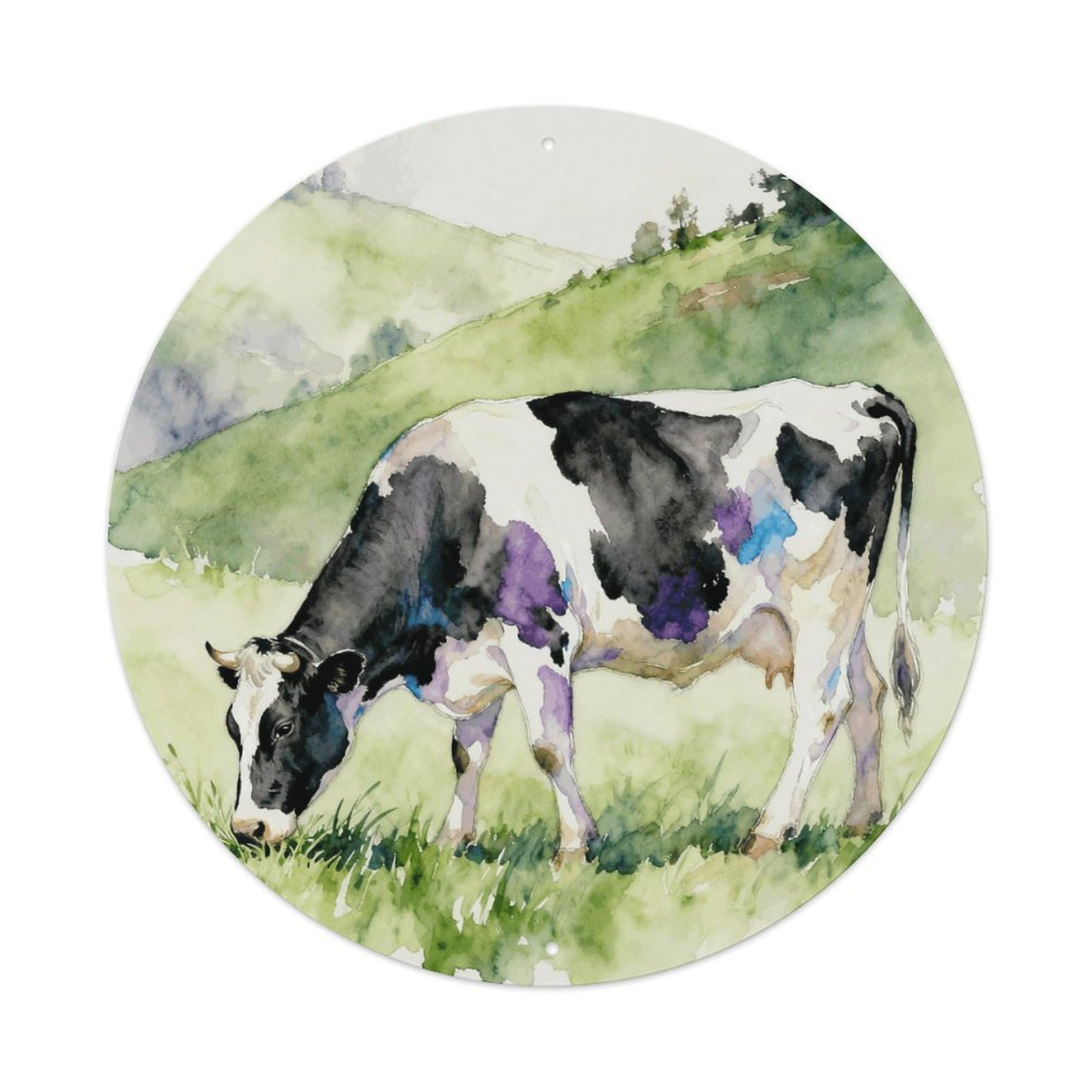 LZQPOEAS Cows Grazing Leisurely Round Aluminum Wall Art Sign, Metal Indoor Wall Decor with Holes, Durable Circular Aluminum Plaque for Home, Bar, Cafe, Living Room, And Office Decoration