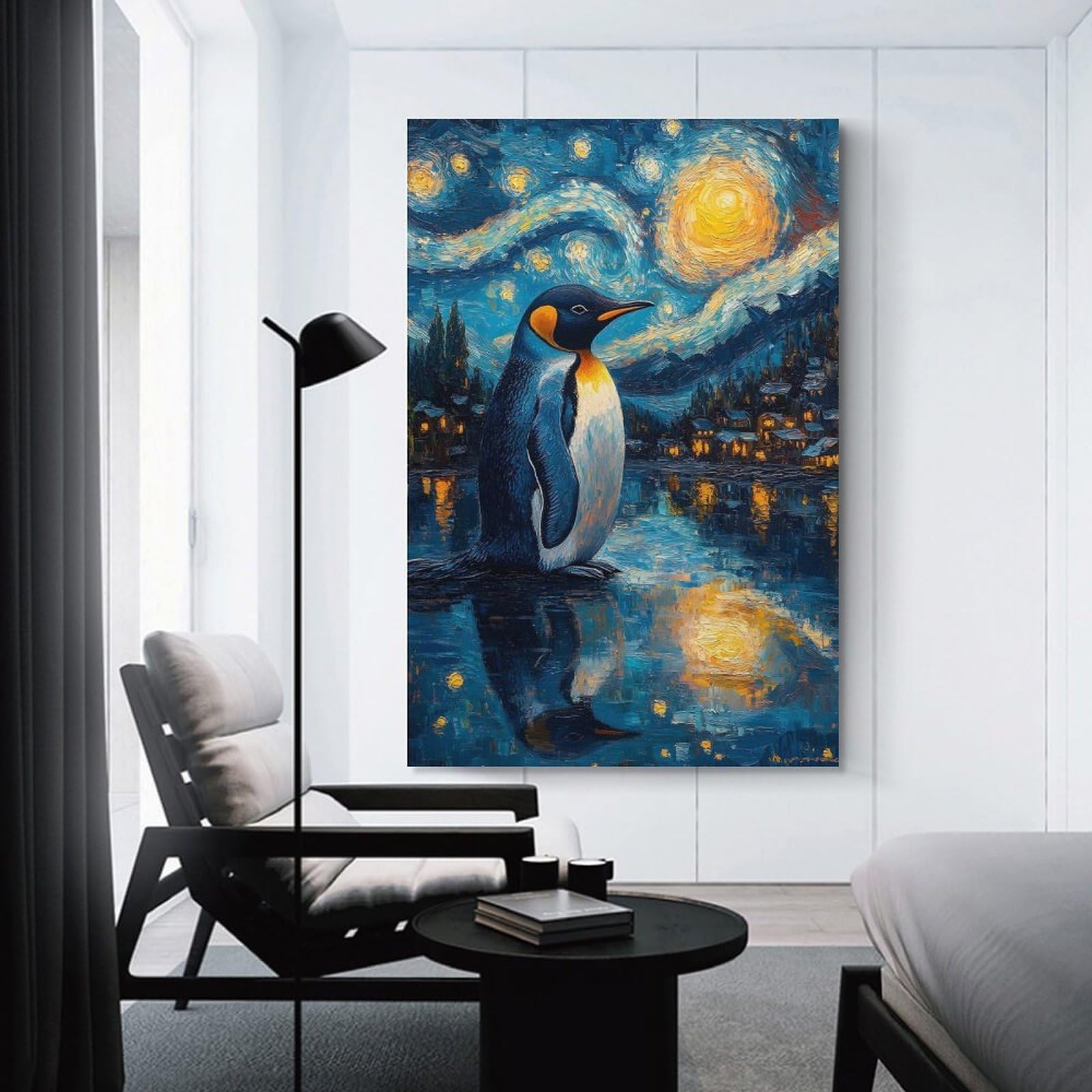 Junmoney Unframe-Style-6 Canvas Wall Art Penguin Under Starry Night, 24X36inch(60X90cm), For Bedroom, Lounge Or Dressing Area, Canvas Wall Decor For Personal Spaces