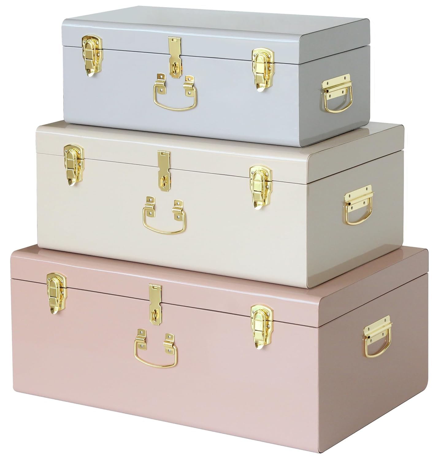 Vixdonos Decorative Box Set of 3 Metal Trunks Chest with Safety Lock Clasp for Treasure Organization and Home