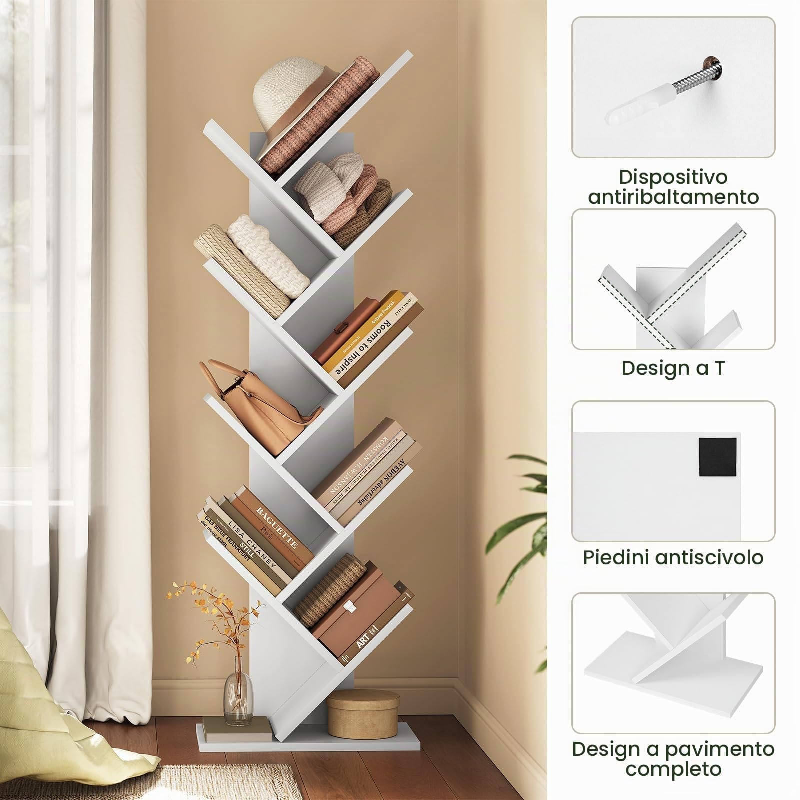 EUGAD Libreria ad Albero Moderna Scaffale Salvaspazio a 9 Ripiani in Legno Porta Libri per Soggiorno Camera Studio Bianco, 40x20x127cm