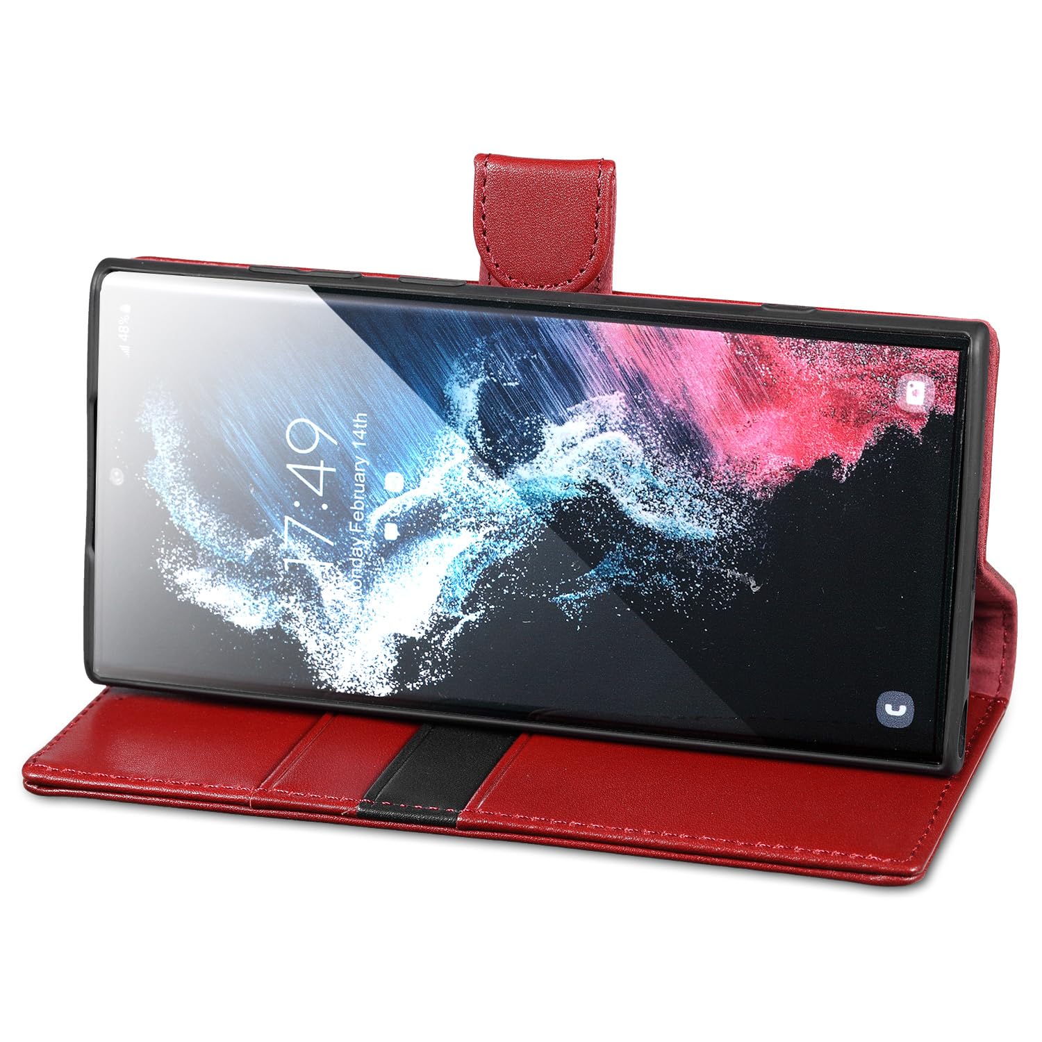 LENSUN Funda Samsung Galaxy S22 Ultra 5G, Carcasa Cuero Genuino [Bloqueo RFID] Tapa Cierre Magnetico y Ranuras para Tarjetas Cartera Libro Protección para Samsung S22 Ultra 5G-Rojo Vino