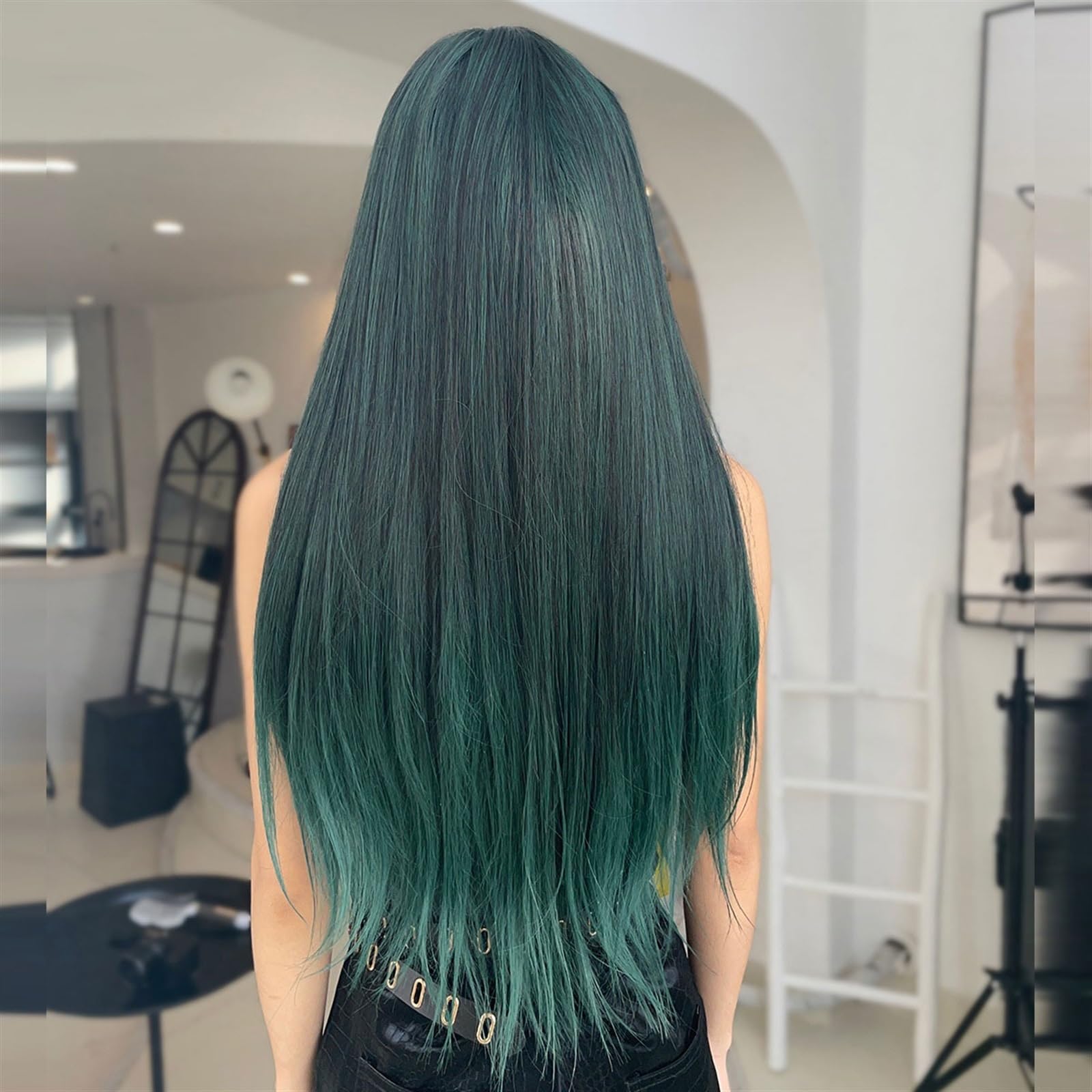 peruki Syntetyczne ciemnozielone peruki Ombre dla kobiet długie proste zielone peruki na co dzień z grzywką włókno termoodporne sztuczne włosy Peruka na imprezę cosplay (Color : 1085-2)