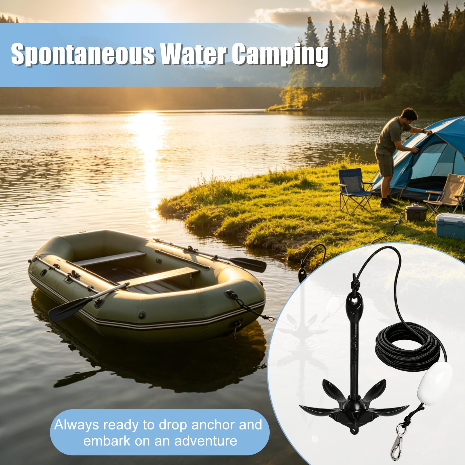 Faltklappanker für Kajak Boot, Klappanker mit Ankerleine, Karabiner Boje, Bootsanker Set mit Aufbewahrungstasche Ideal für SUP, Schlauchboot, Jetski & Kanu Zubehör