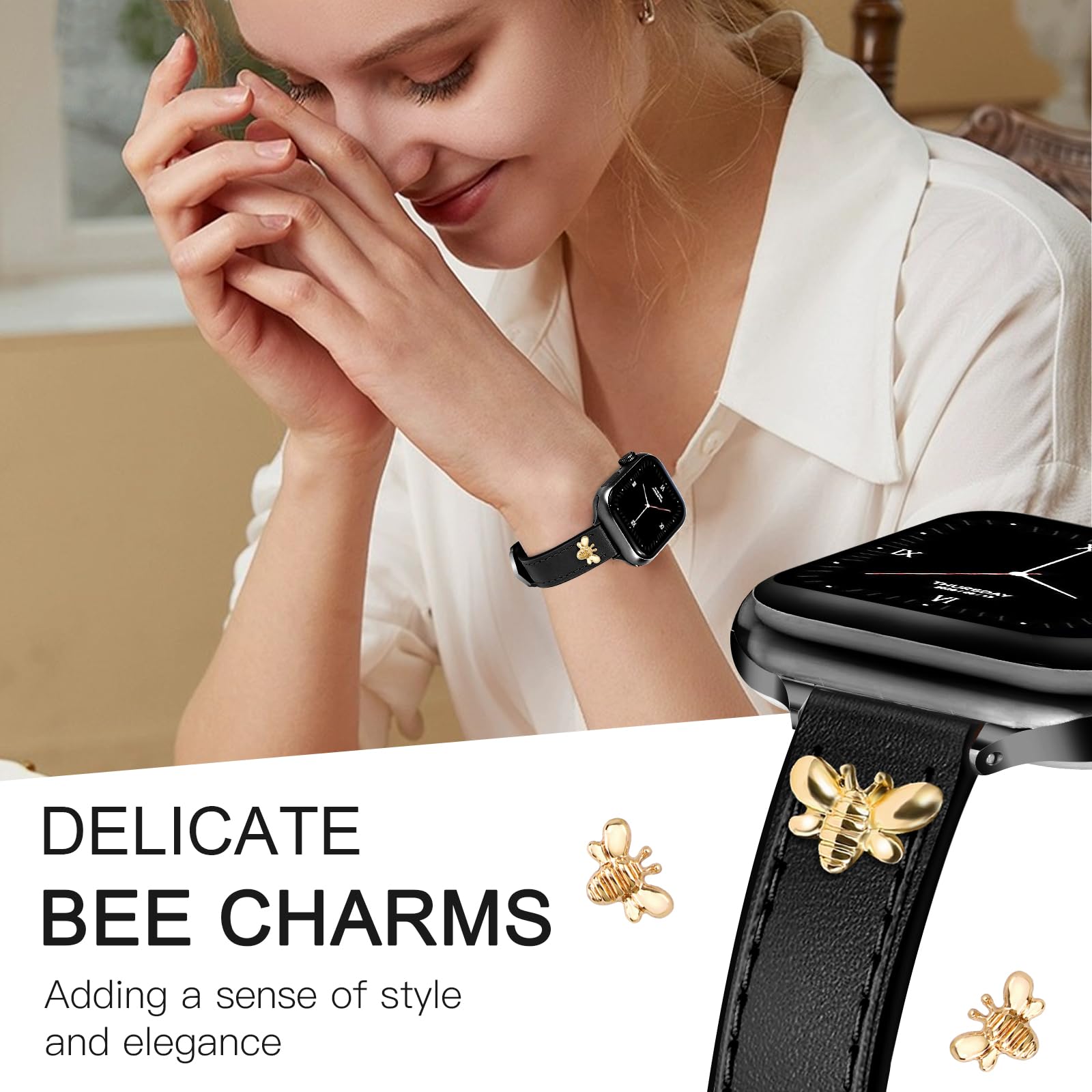 JR.DM Elegantes, schlankes Lederarmband, kompatibel mit Apple Watch, 38 mm, 40 mm, 41 mm, 42 mm, 44 mm, 45 mm, 49 mm, 2 1 (Schwarz) Band,schwarzer Verschluss)