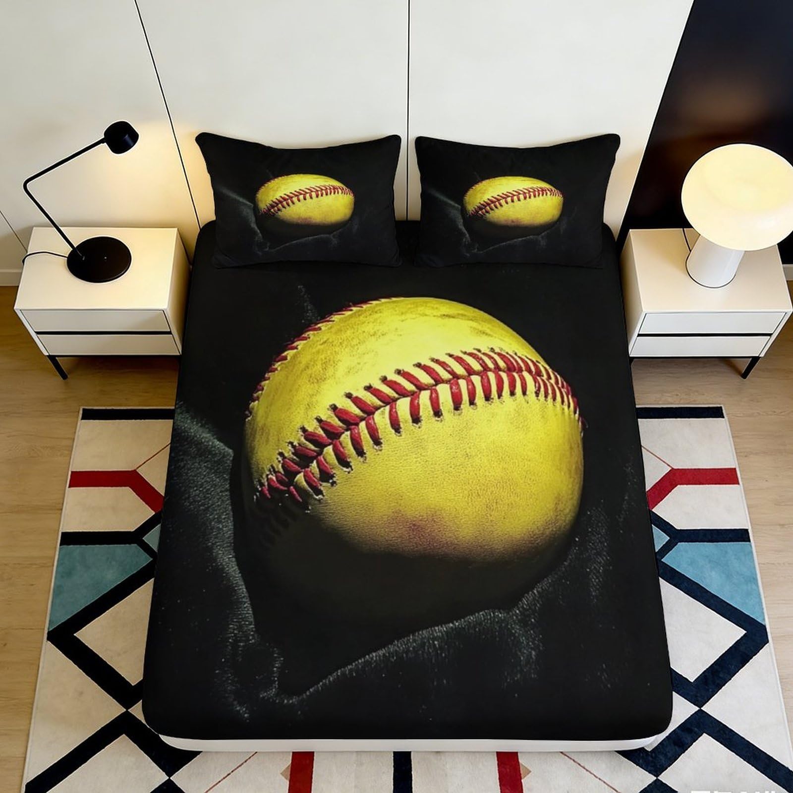 3D Printed Baseball Fitted Sheet Microfiber Deep Pocket Anti-Slip Baseball Mattress Fitted Cover Breathable Bedroom Bedding for Adults 200x200x25cm