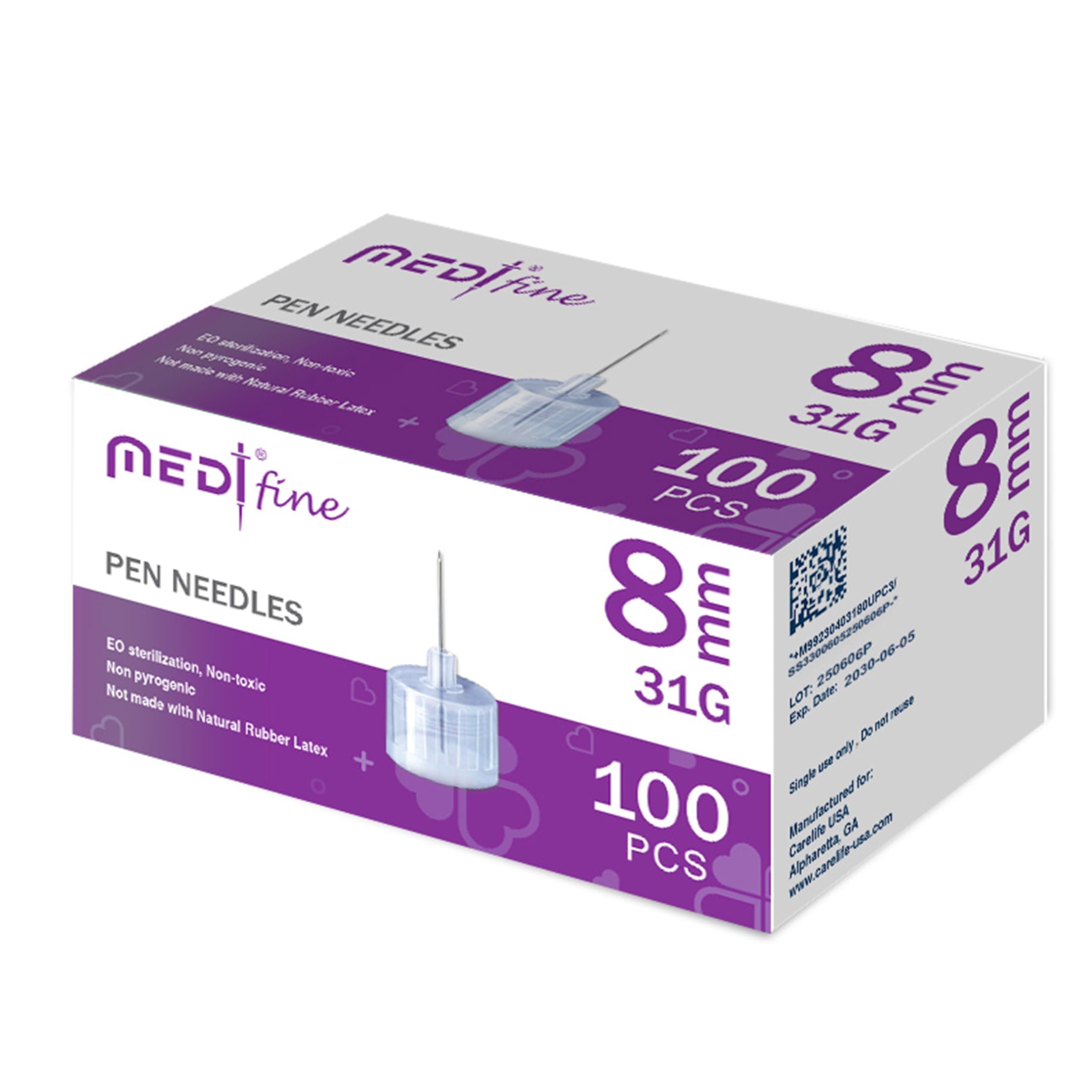 Medt Fine Insulin Pen Needles 31G 8mm - Ultra-Fine, Diabetic Pen Needles Designed for Comfort, Universal Fit for Most Pen-Style Devices, Sterile Single-Use Pen Tips, 100 Count (Pack of 1)