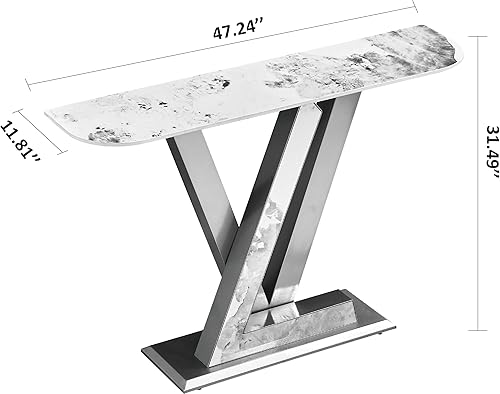 Miniatura 2 de Mesa consola moderna, de piedra sinterizada de 47 pulgadas, estrecha y larga, mesa decorativa de diseño de letras con base de metal, mesa de entrada