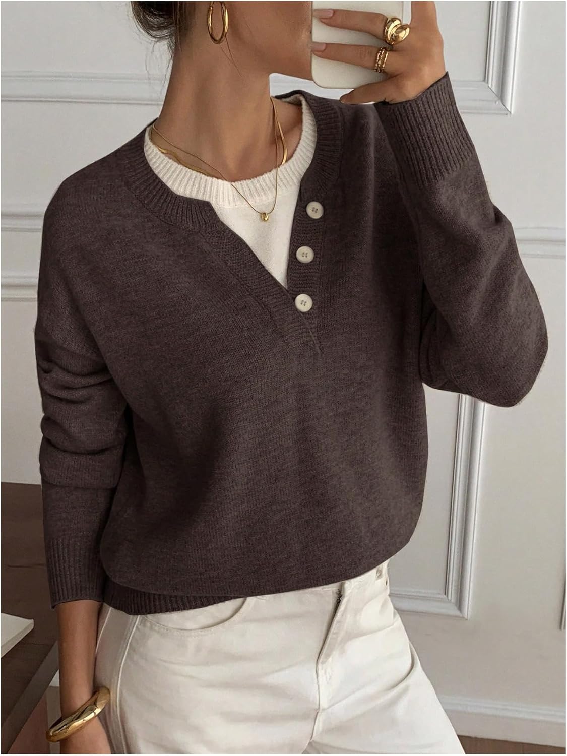 SOLY HUX Pullover Sweaters for Women Long Sleeve Button Crew Neck 2 in 1 Knitted Oversized Tops