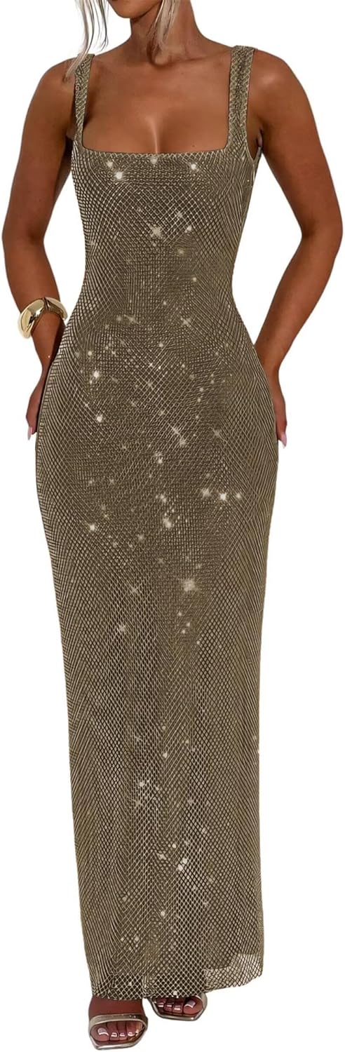 Sexy Sequin Prom Dress Square Neck Bodycon Tube Spaghetti Straps Formal Maxi Party Dress