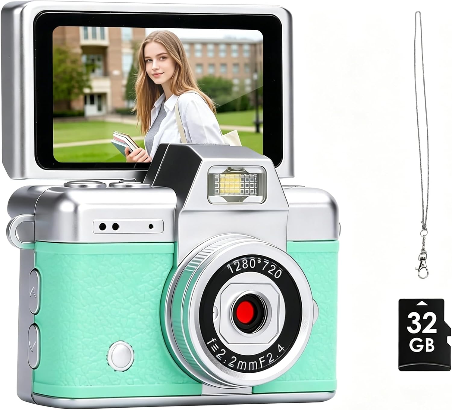Mini Keychain Camera for Teens, 32GB Retro Camera 180° Flip Screen