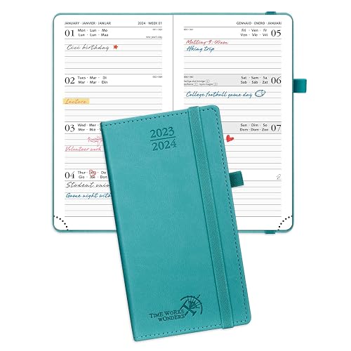 POPRUN 2023-2024 Academic Diary Week to View 17 x 10 cm - Multi-language Soft Cover 17 Months Mid Year Diary Appointment (Aug'23 - Dec'24) - Inner Pocket - Turquiose
