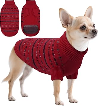 QBLEEV Dog Sweaters for Small Dogs, Soft Stretchy Knit Acrylic Pullover Dog Sweater Dress, Warm Winter Chihuahua Clothes Girl Boy, Christmas Puppy Turtleneck Sweaters for Yorkie Shih-Tzu, Red S