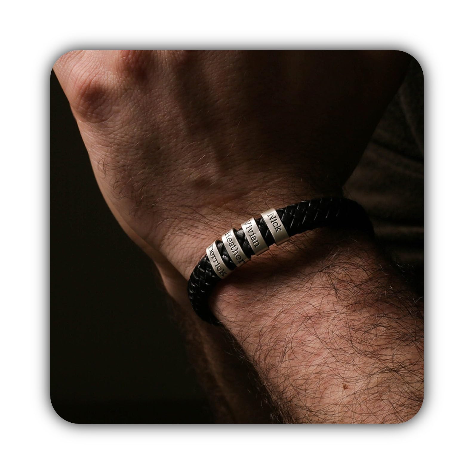 Plata de ley 925 cuero pulsera personalizado pulsera con nombre con plata cuentas Día del Padre