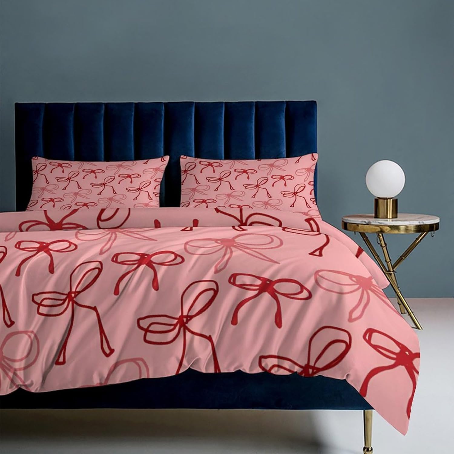 Pink Red Bow Comforter Set Duvet Cover Quilt Cover Set Full/Queen Size,3-Piece Bedding Set 102"x90" for Boys and Girls Ultra Soft Bed Cover (1 Duvet Cover+2 Pillowcases)