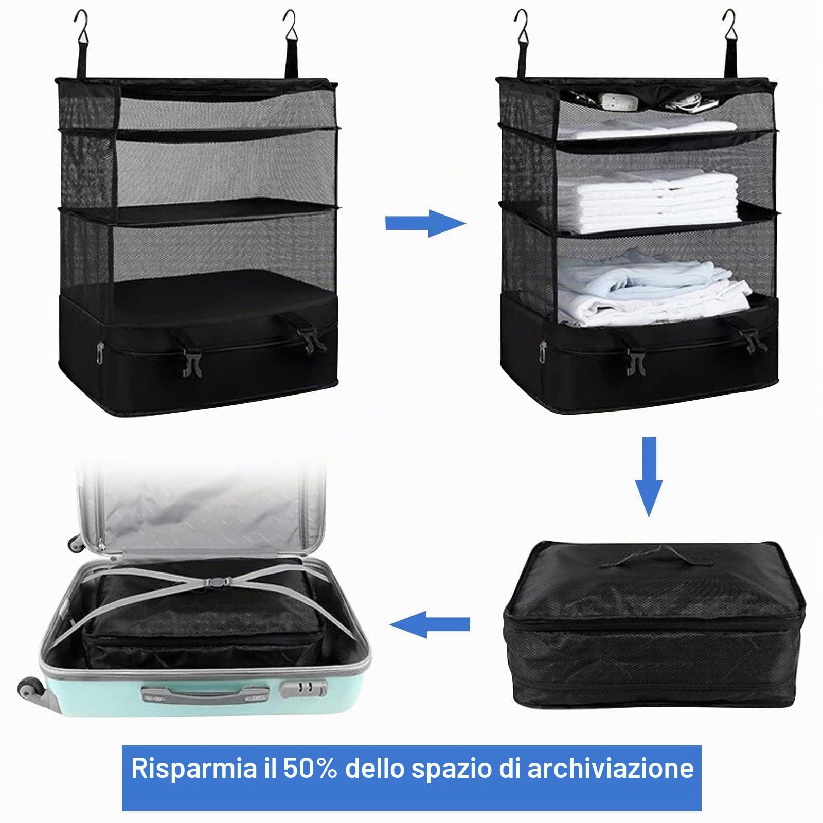 Dokeno Organizer Valigia, Organizer per Valigie da Appendere con Borsa per Cosmetici Pieghevole Organizer Valigia Salvaspazio, Packing Cubes Set Compressione