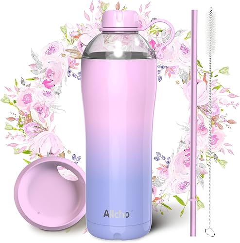 Miniatura 26 de Botella de agua aislada para mujeres, botellas de agua de acero inoxidable de 18 oz, de doble pared, 2 tapas (para beber y taza) - Hidrata y Púrpura